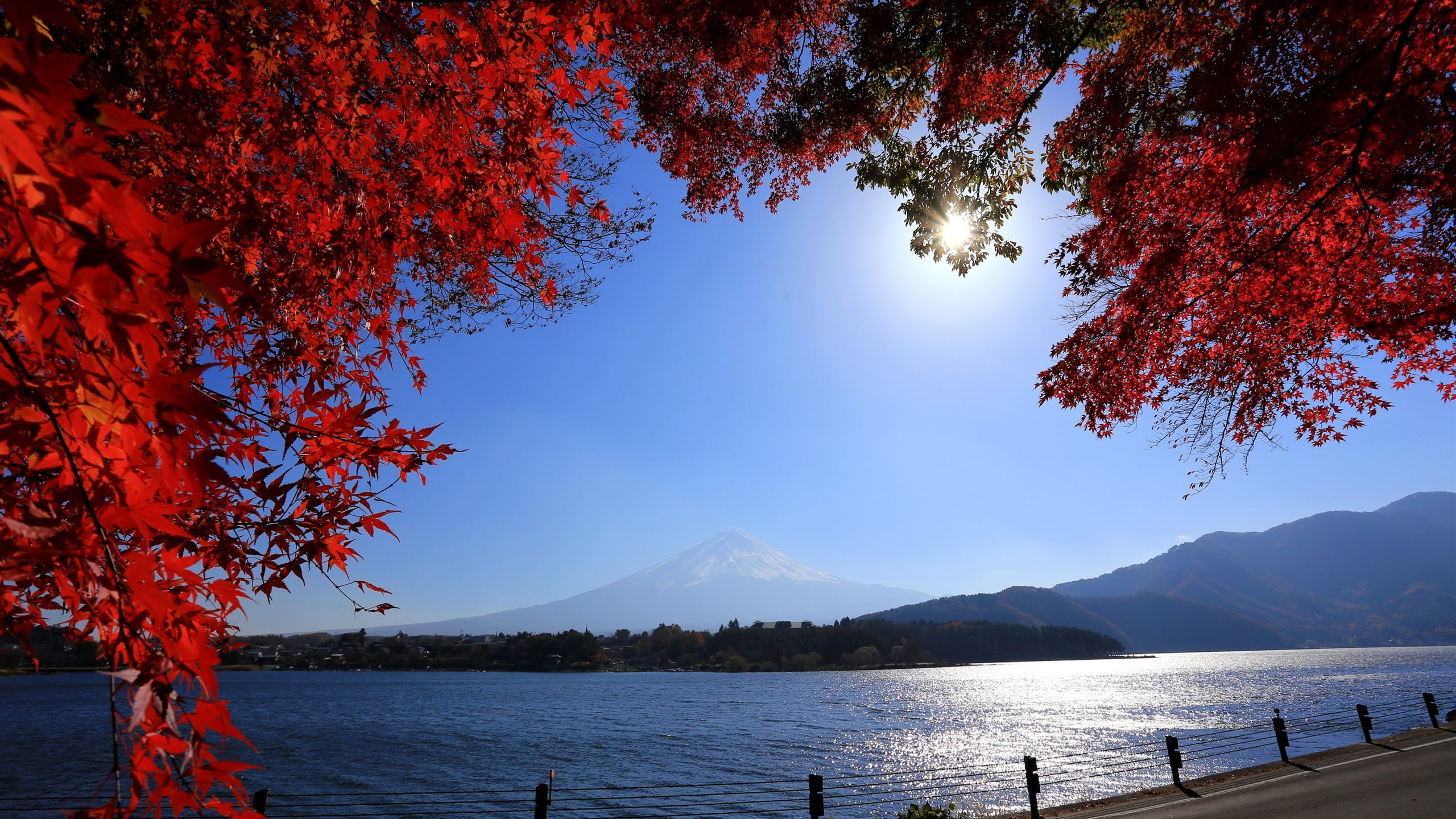 fence, hills, clear sky, building, mountains, Mount Fuji, road, red leaves, Japan, river, Sun, 2K, daylight, HD Wallpaper