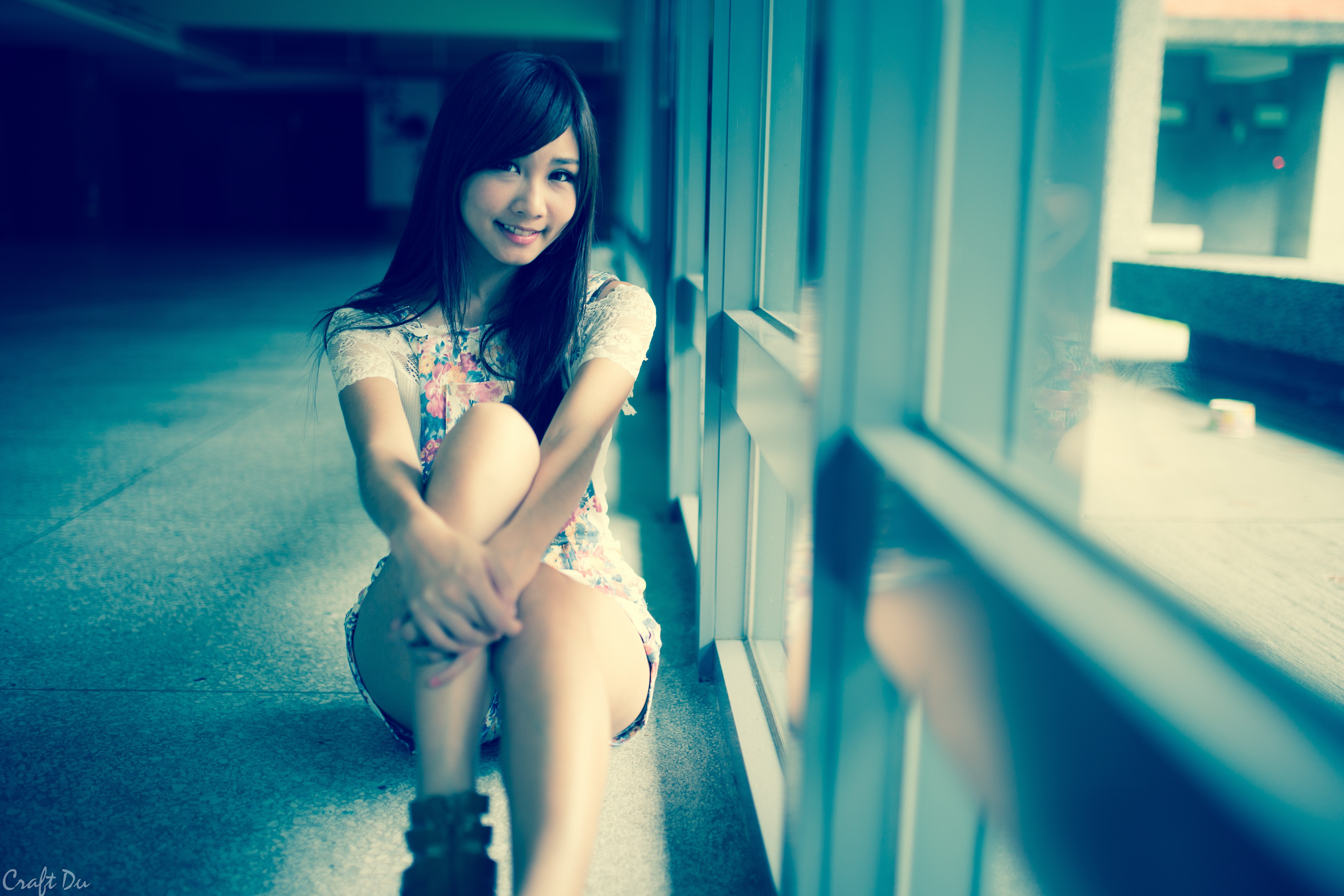 sitting, Zhang Ya Zhu, brunette, looking at viewer, Asian, on the floor, 5K, women, brown eyes, HD Wallpaper