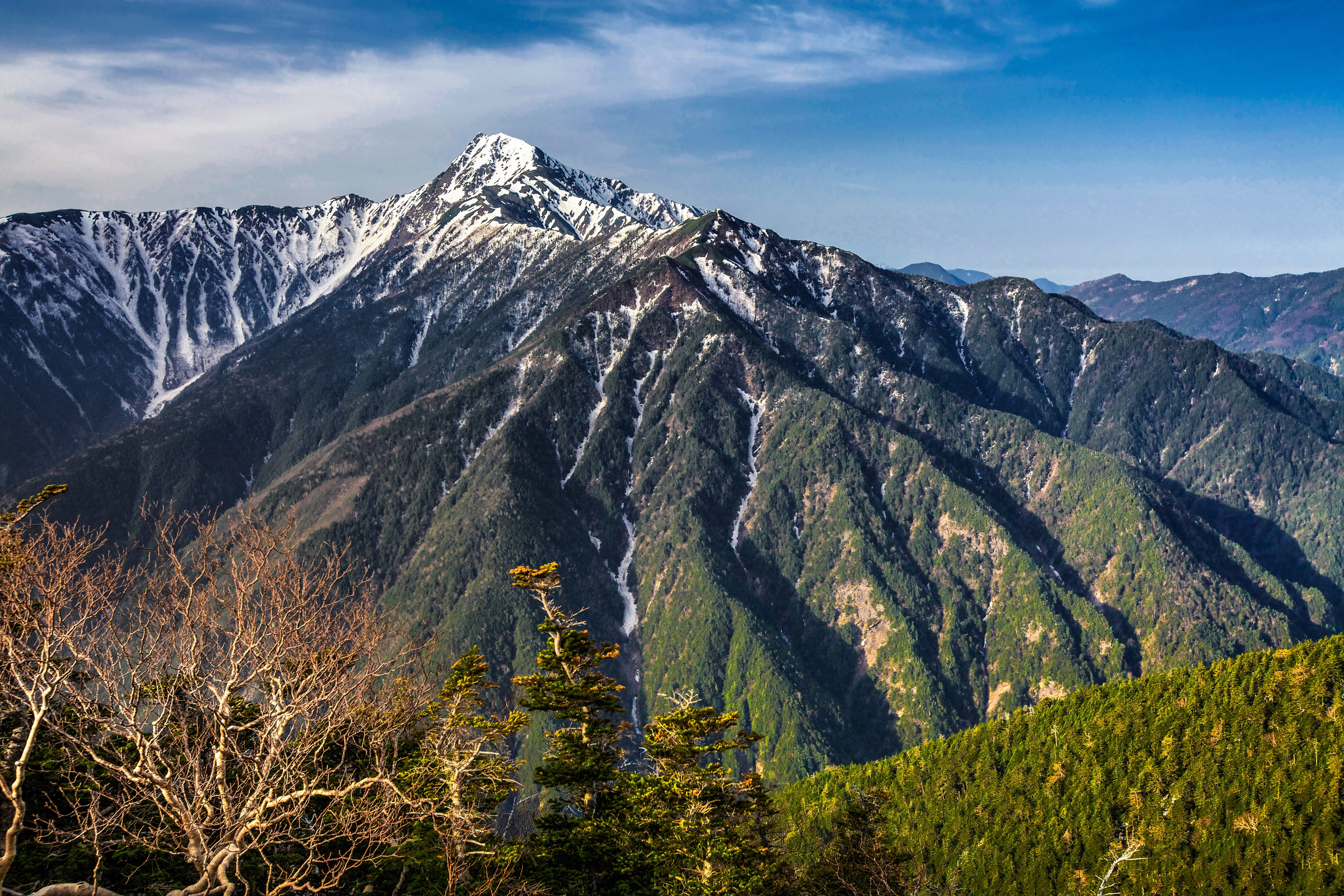 environment, nature, snowcapped mountain, pine tree, landscape, no people, 5K, scenics, day, japan, japan the second highest peak straddles the border between, HD Wallpaper