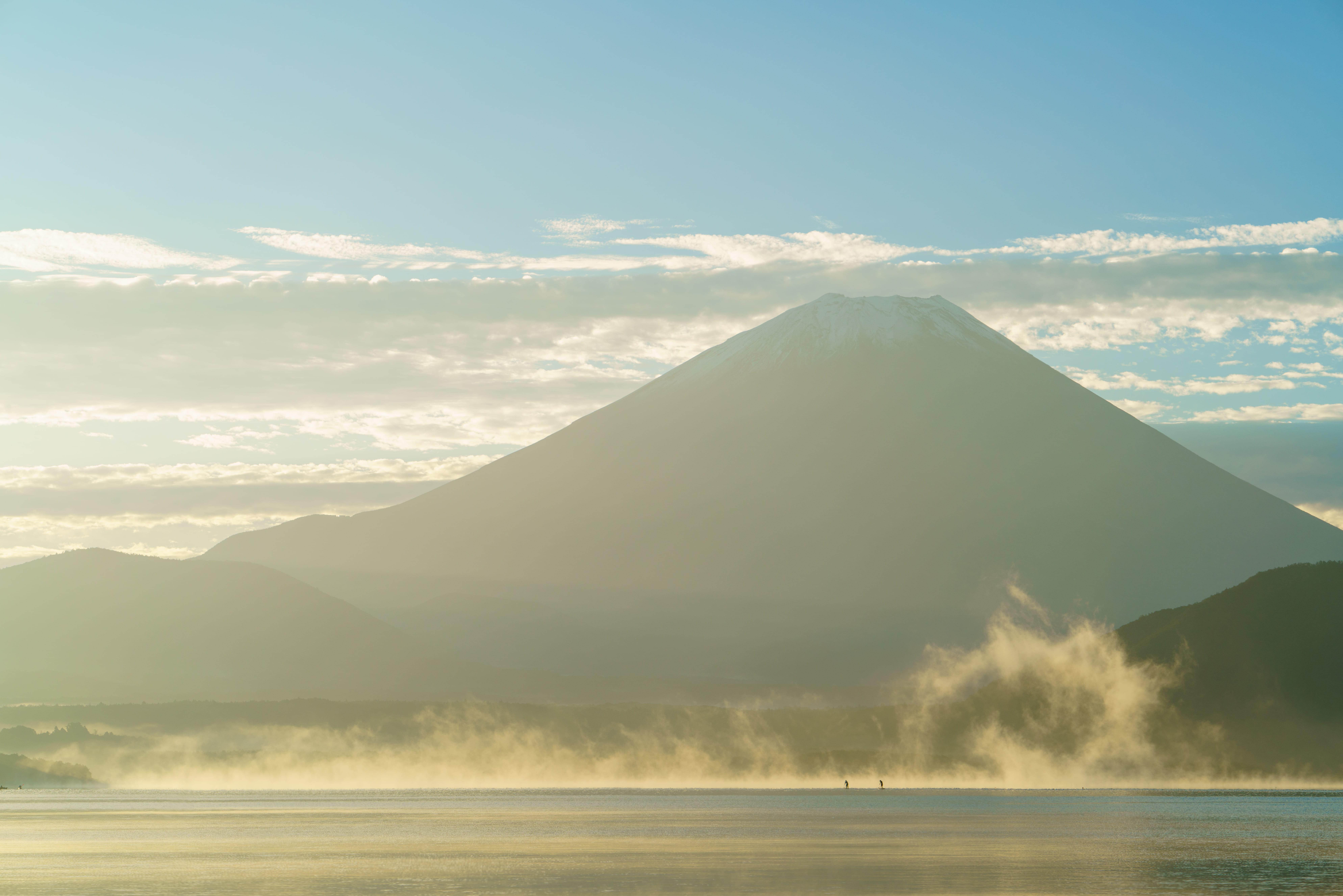 lake motosu, scenics - nature, fog, nature, day, weather, golden hour, 8K, environment, architecture, landscape, mountain, land, sky, scenery, mountain range, HD Wallpaper