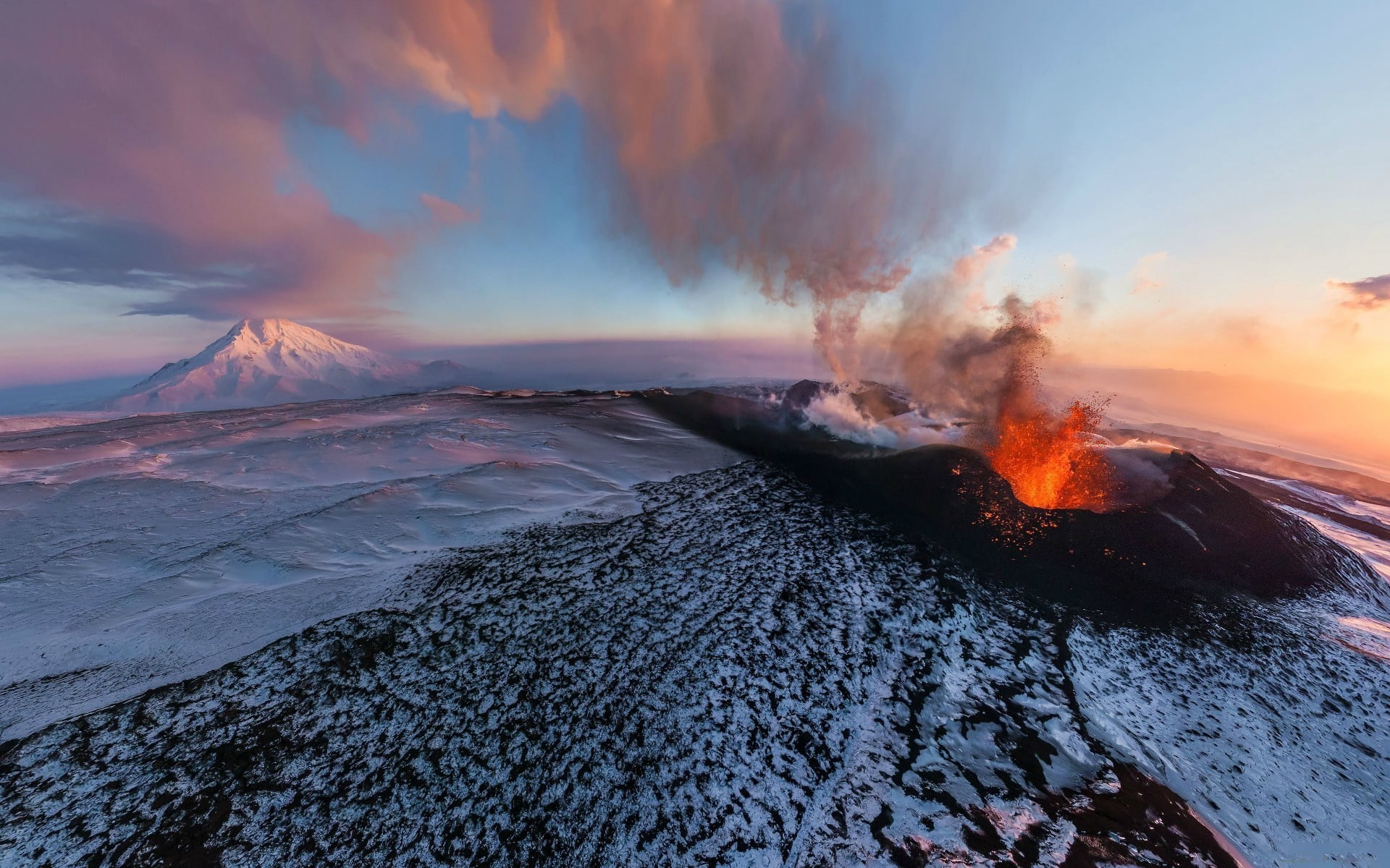 volcano, no people, land, smoke - physical structure, outdoors, mountain, power, mountains, mountain Peak, scenics - nature, geology, nature, water, 1080P, HD Wallpaper
