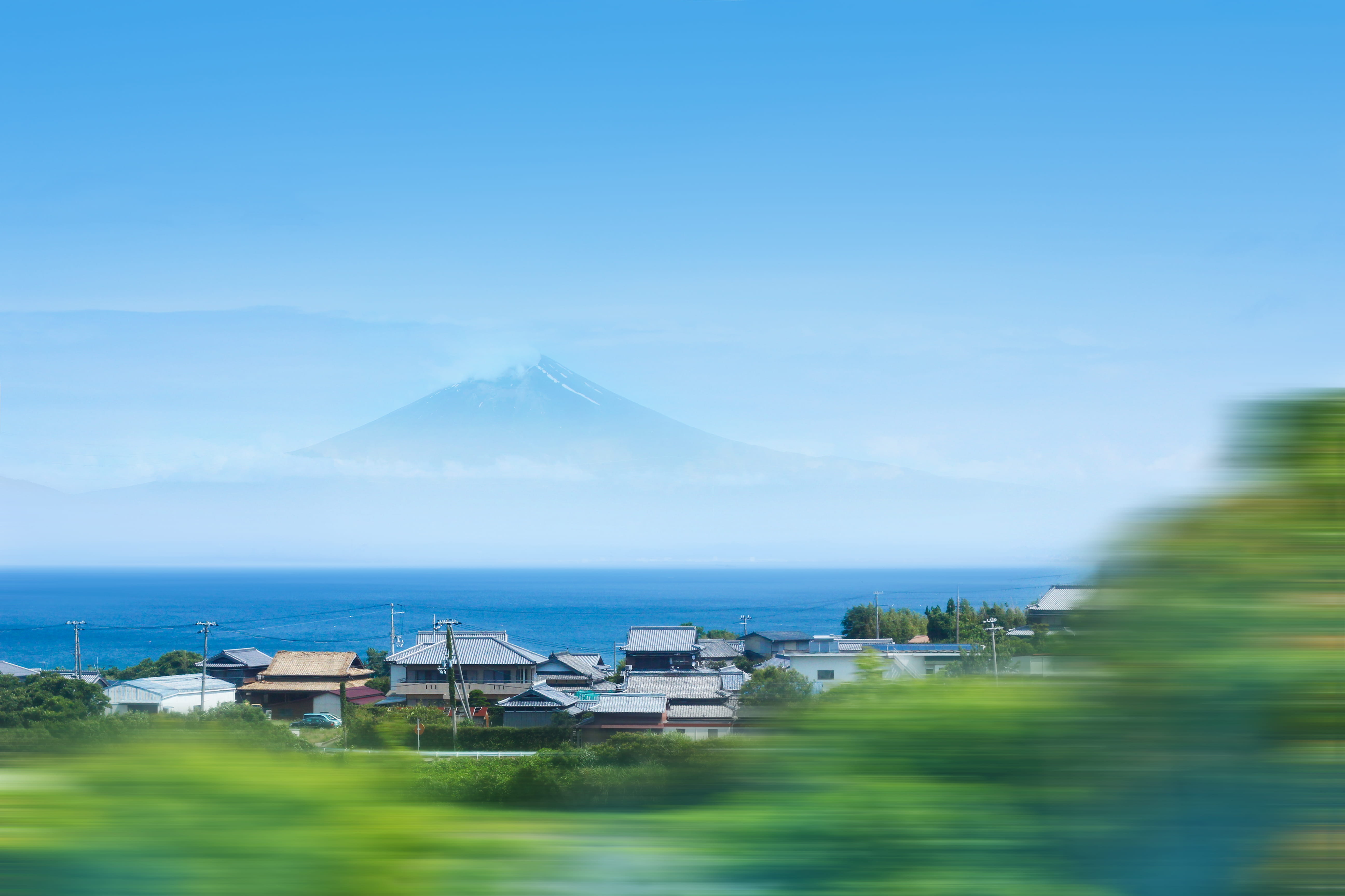 volcano, sea, landscape, tranquility, japan, 5K, photo, architecture, near, fuji, ocean, no people, mountain, house, mt Fuji, photography, copy space, HD Wallpaper