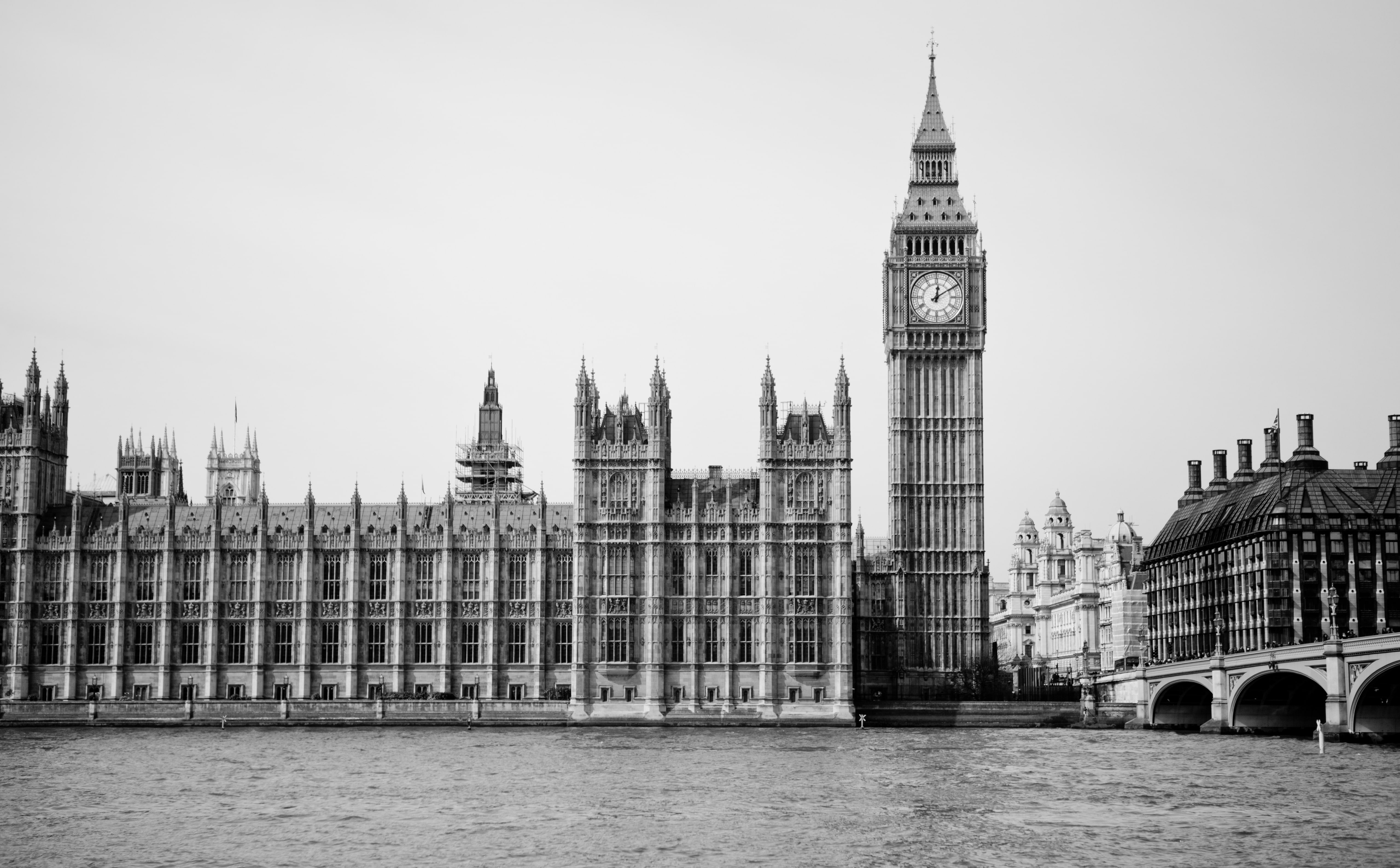 derek, derekkey, big, whitehall, sky, Parliament, spire, greaterlondon, Black and White, tourism, city, River, Houses, paris, architecture, bigben, Clock, HD Wallpaper