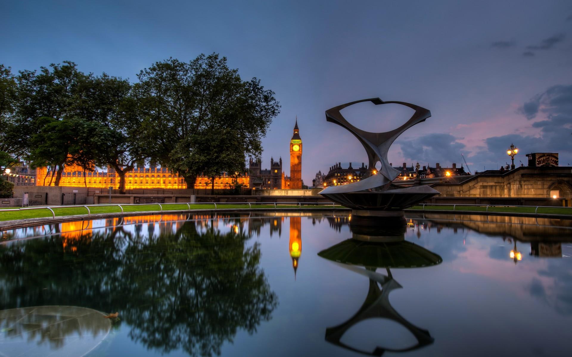 near, trees, westminster, fountain, nature and landscapes, 1080P, tower, palace, statue, HD Wallpaper