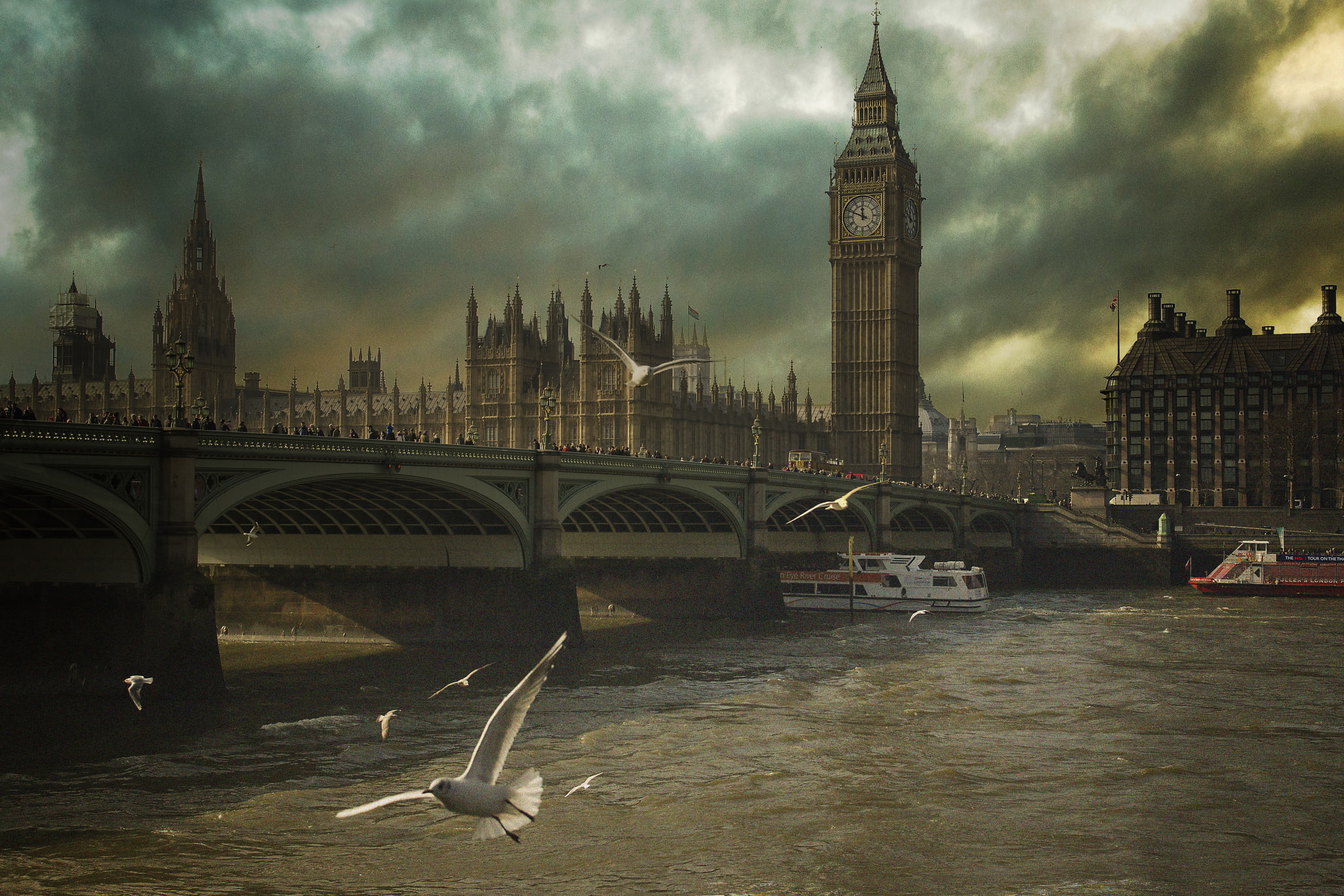 seagulls, bridge, clouds, palace, London, birds, England, westminster, 1080P, river, HD Wallpaper