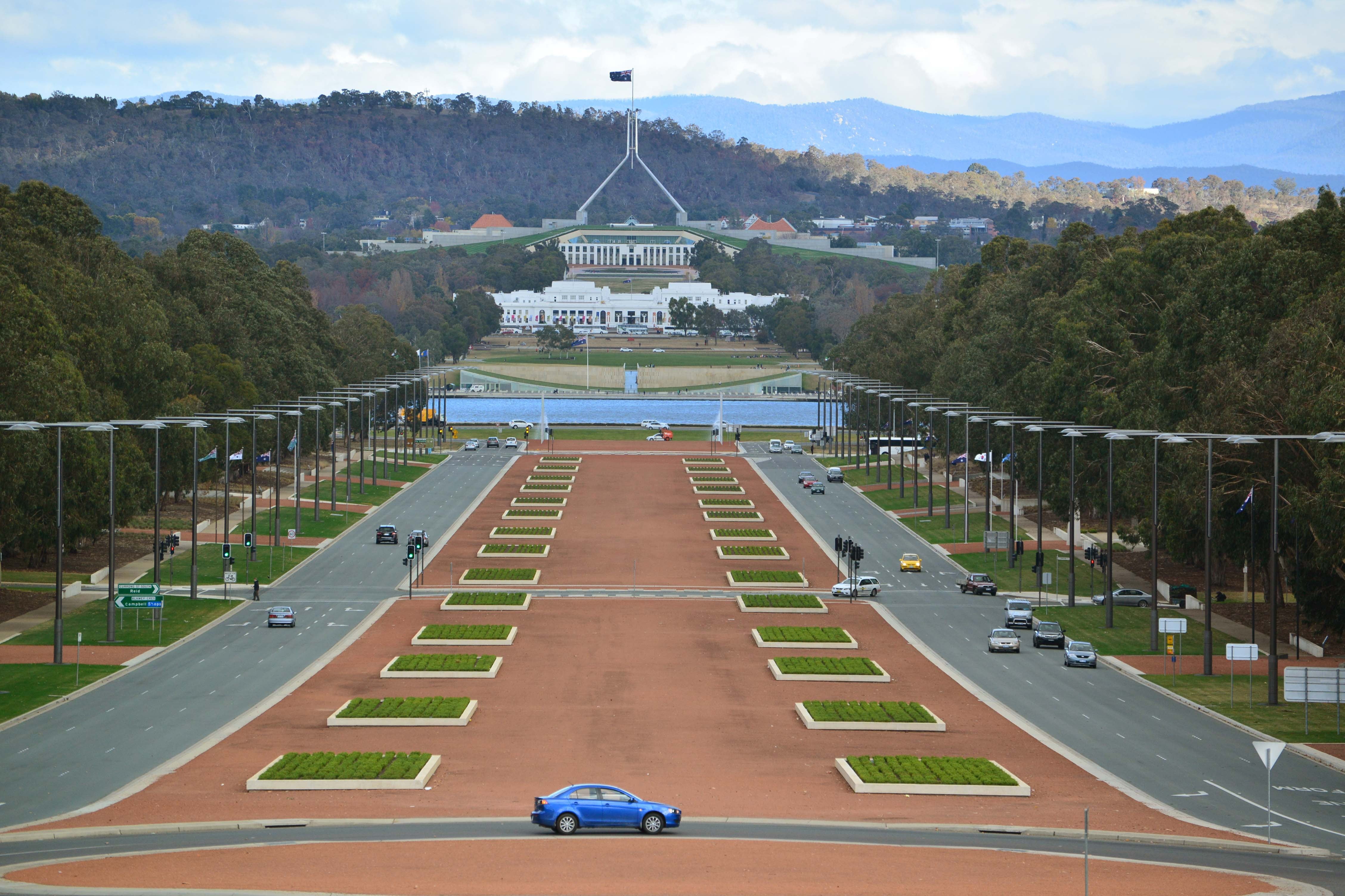 day, building, built structure, nature, 4K, architecture, no people, transportation, tourism, government, travel, religion, grass, sedan, parked, canberra, HD Wallpaper