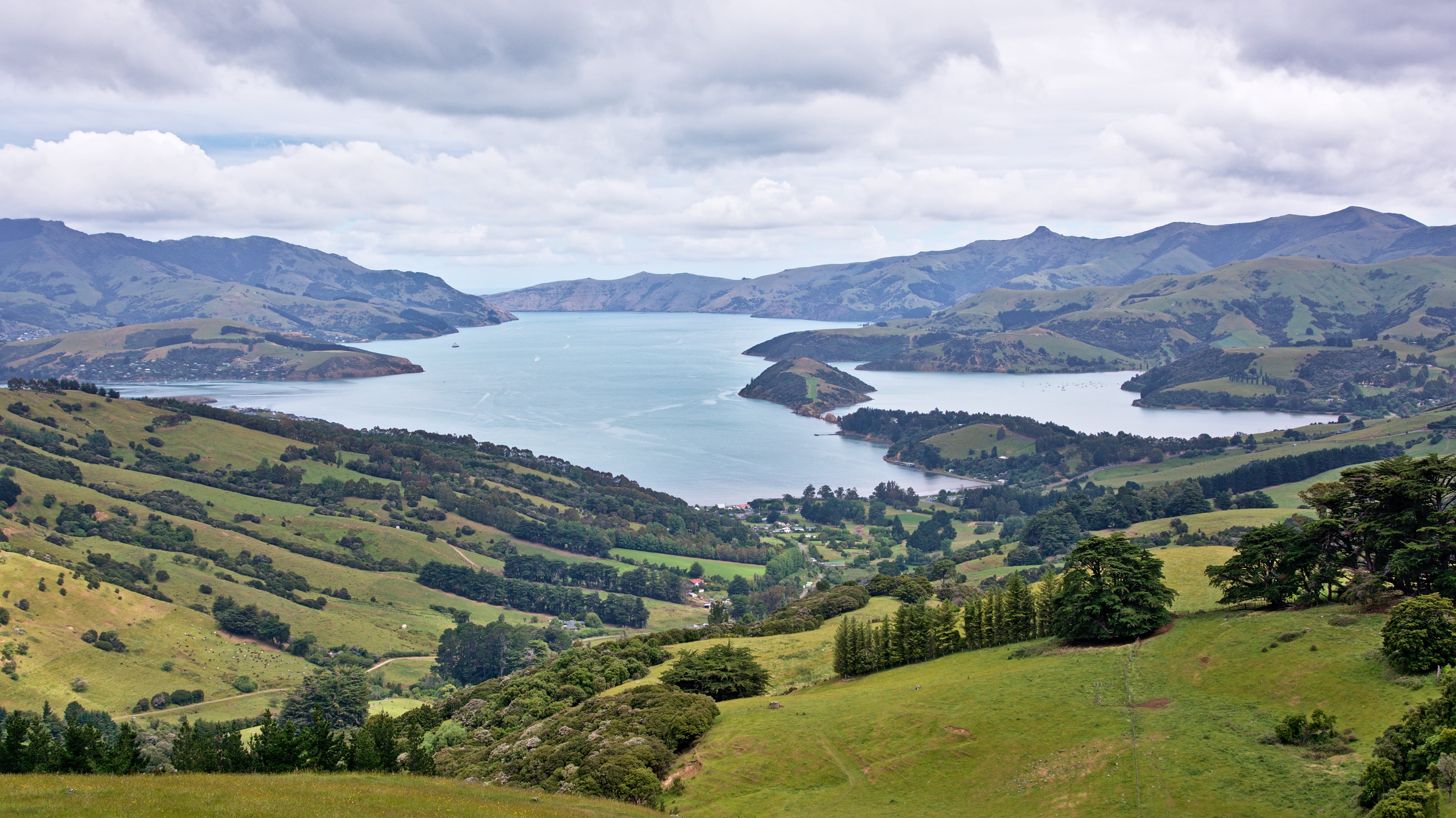 beauty in nature, sky, mountain, new zealand, scenics - nature, volcano, pigeon bay, cloud - sky, plant, landscape, land, green color, water, canterbury, HD Wallpaper