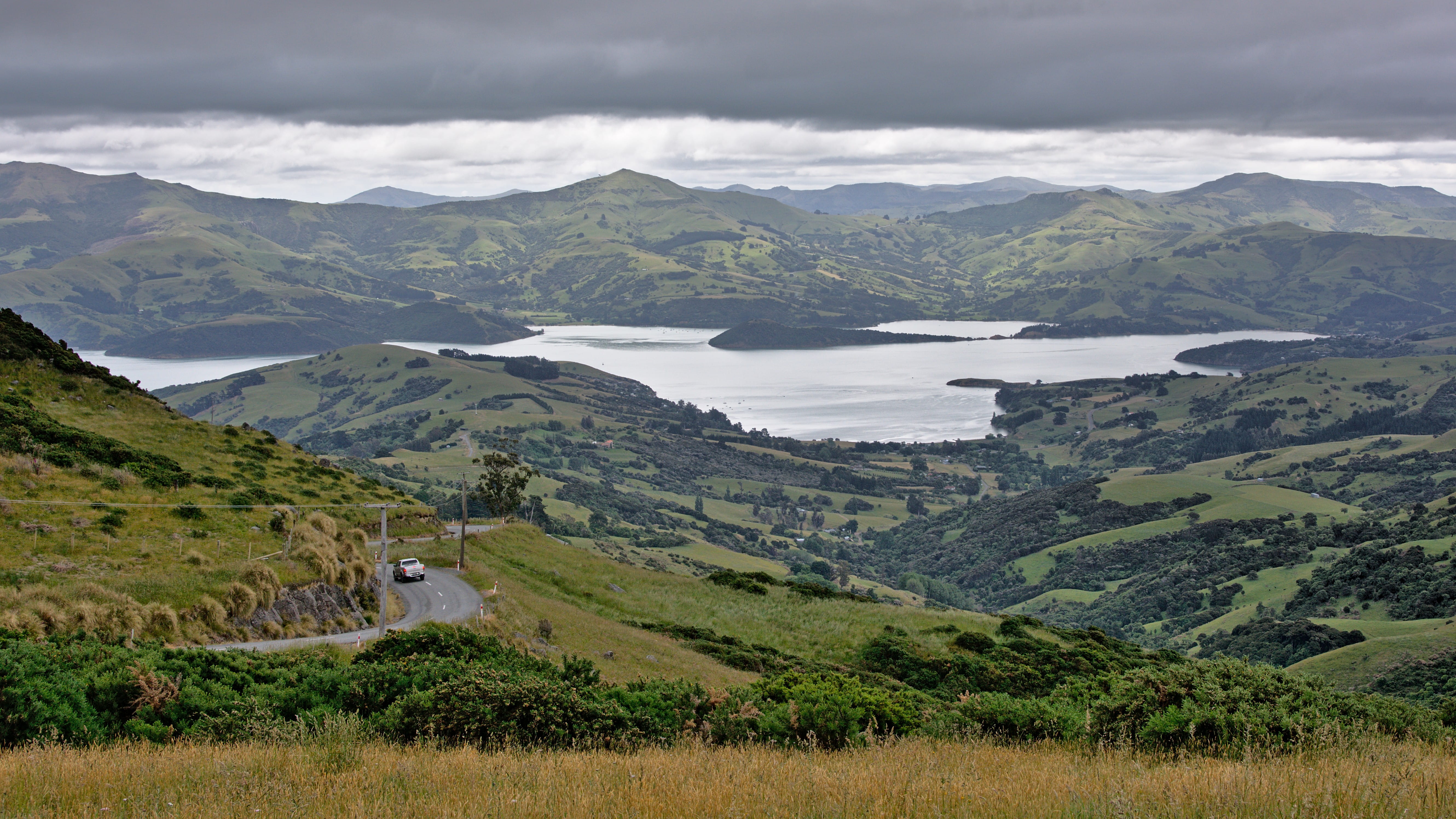 grass, environment, sky, tranquility, mountain range, akaroa harbour, countryside, akaroa, tranquil scene, outdoors, mountain, farmland, cloud - sky, landscape, HD Wallpaper