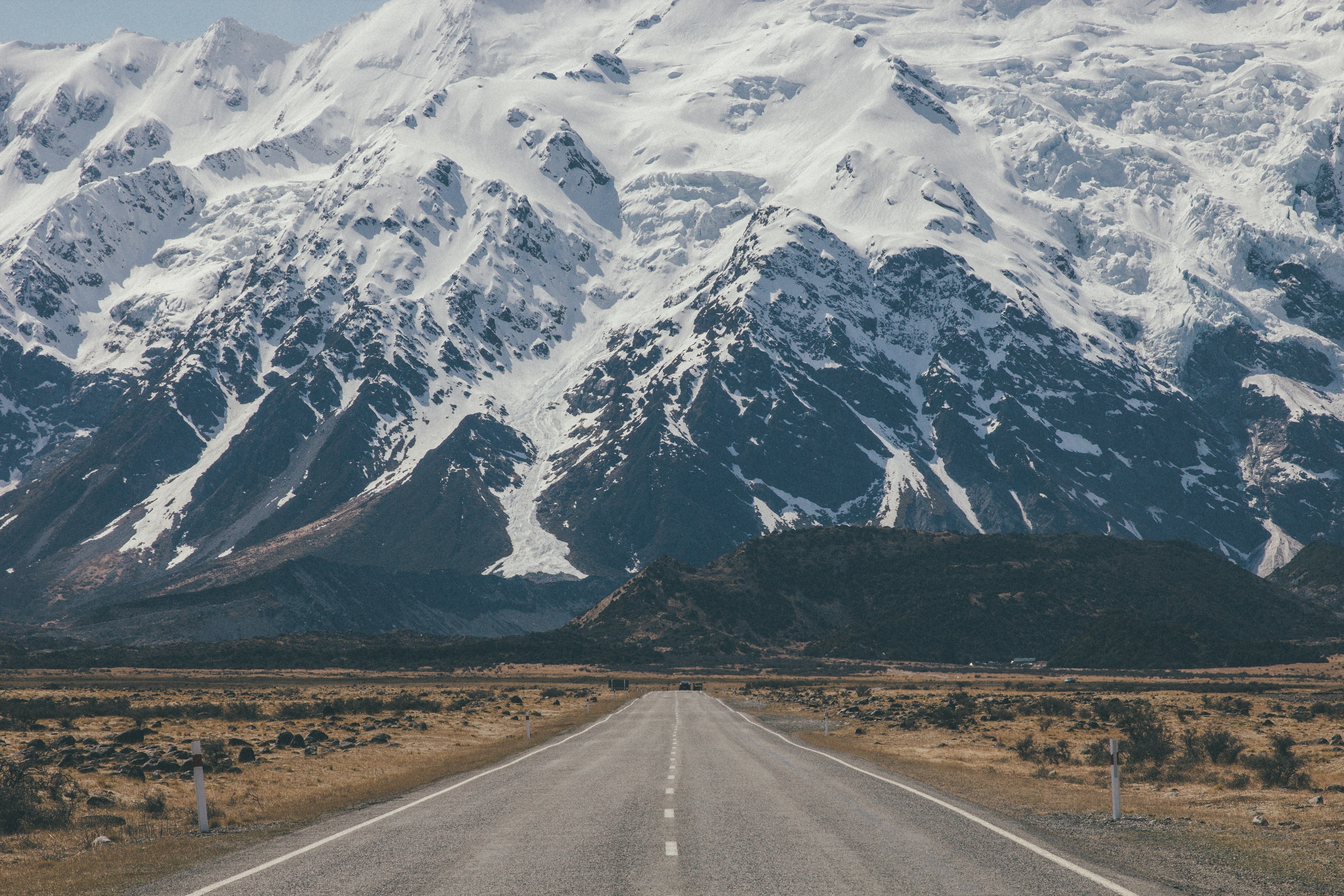 5K, nature, mountains, sign, landscape, day, transportation, road, cold temperature, outdoors, New Zealand, the way forward, dividing line, no people, HD Wallpaper