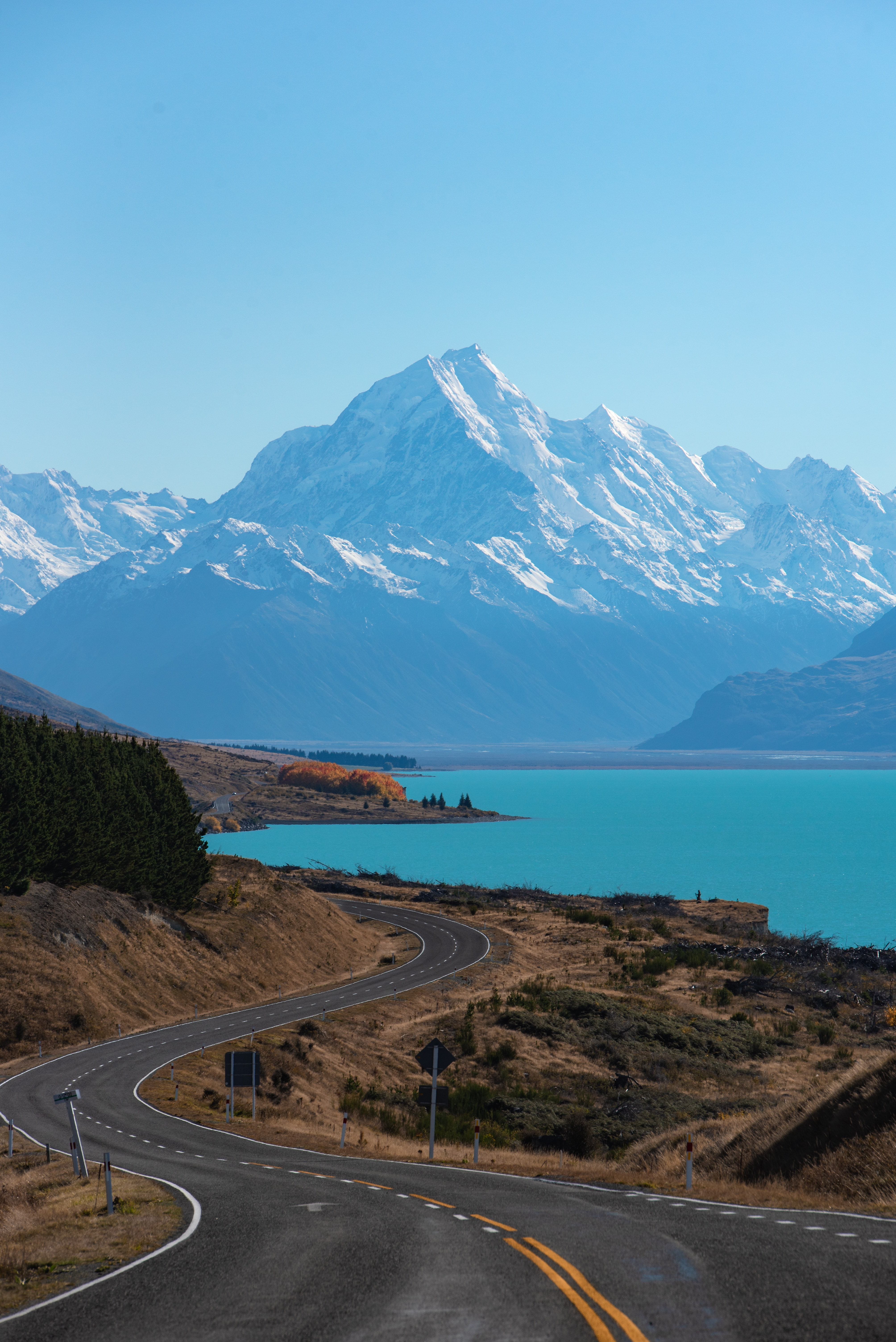 mountains, road, lake pukaki, lake, new zealand, 5K, Phone HD Wallpaper