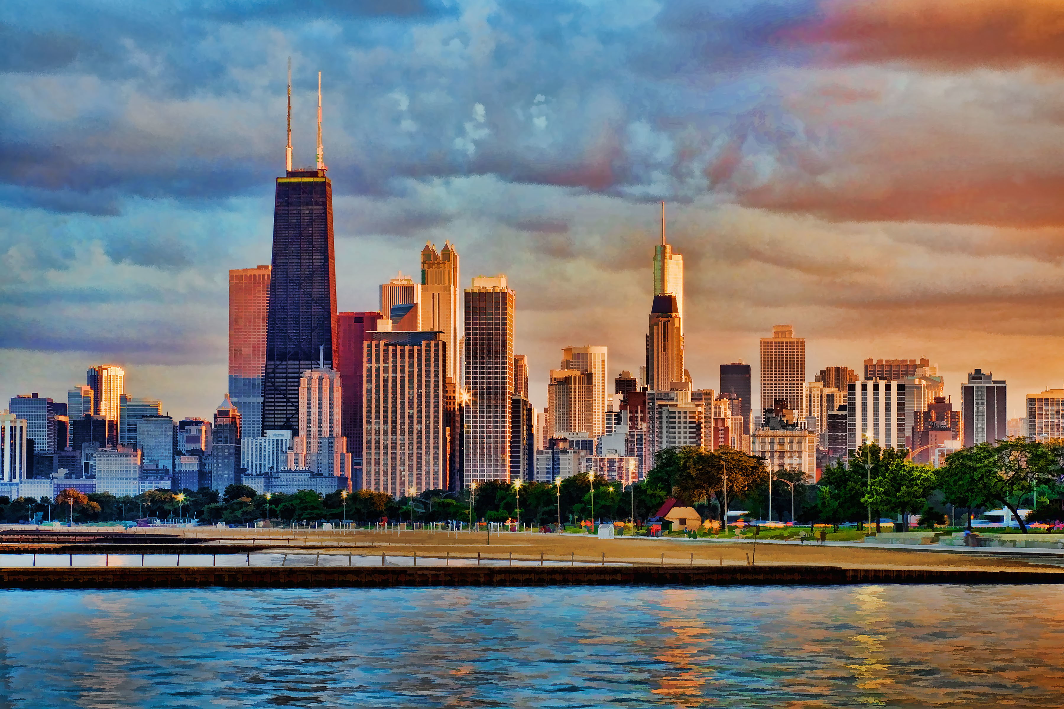 skyscraper, the sky, USA, 2K, clouds, trees, home, Chicago, HD Wallpaper