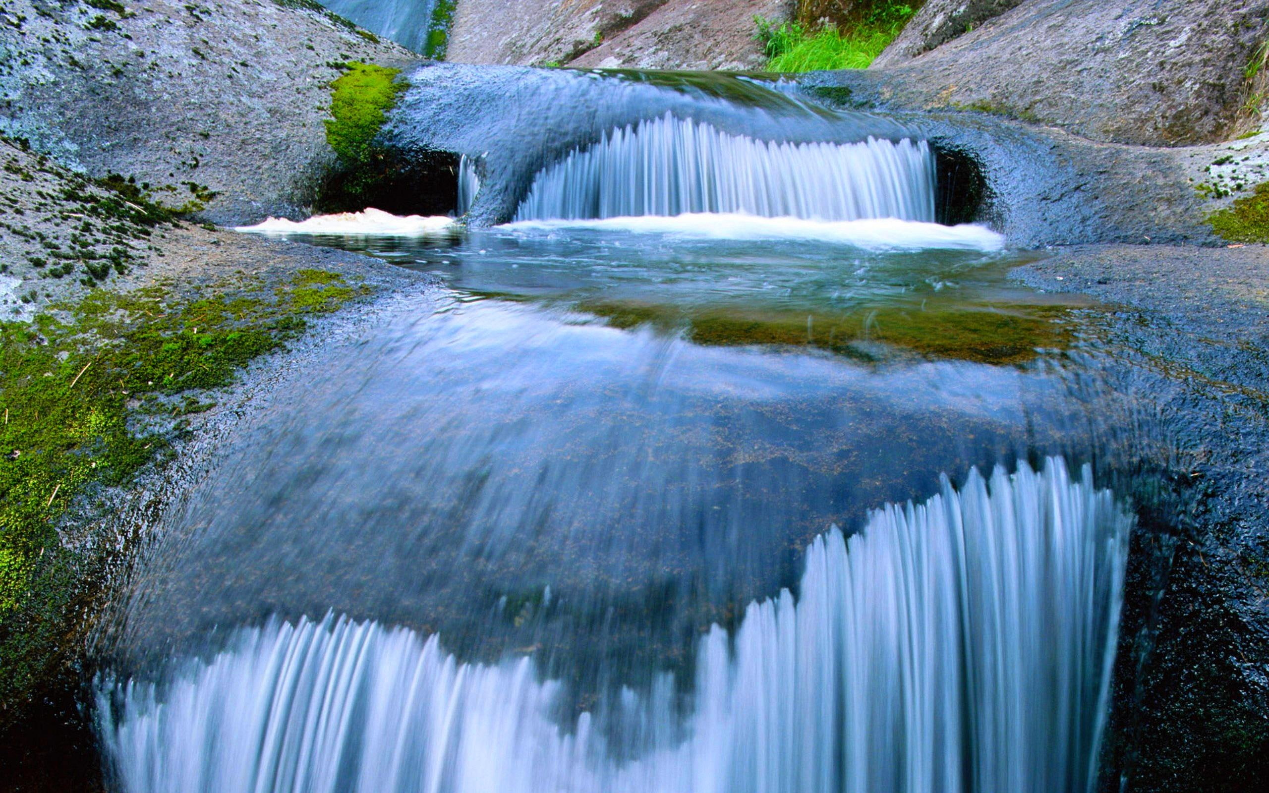 mountain, black, double, falls, waterfalls, icy, 3d and abstract, cool, 2K, rock, moss, rocky, stone, HD Wallpaper