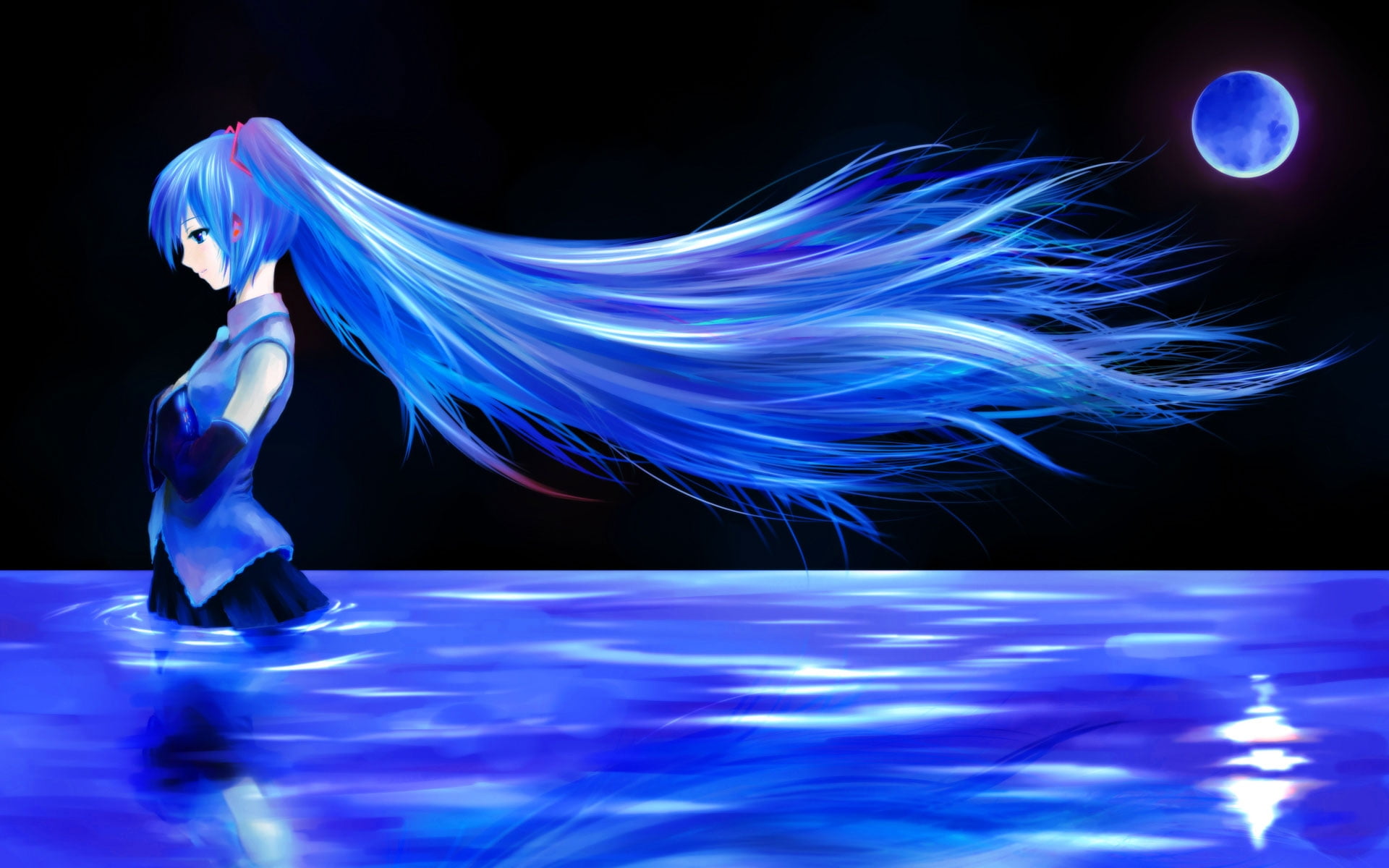 Anime / Animated, hatsune, nature, blue, dark, young adult, digital composite, girl, light - natural phenomenon, abstract, illuminated, black background, HD Wallpaper