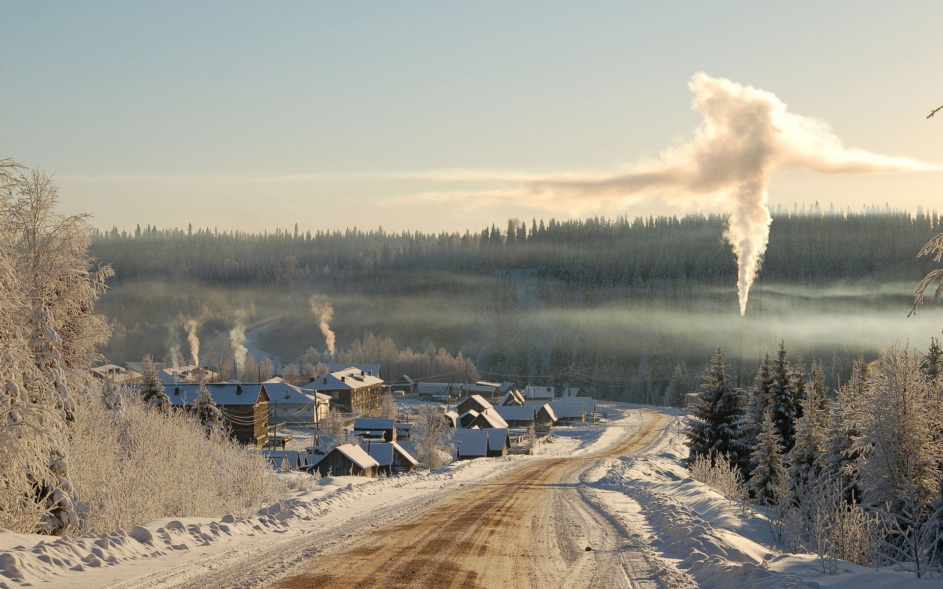 environmental issues, air pollution, winter, smoke - physical structure, Siberia, factory, emitting, land, cold temperature, sky, no people, environment, HD Wallpaper