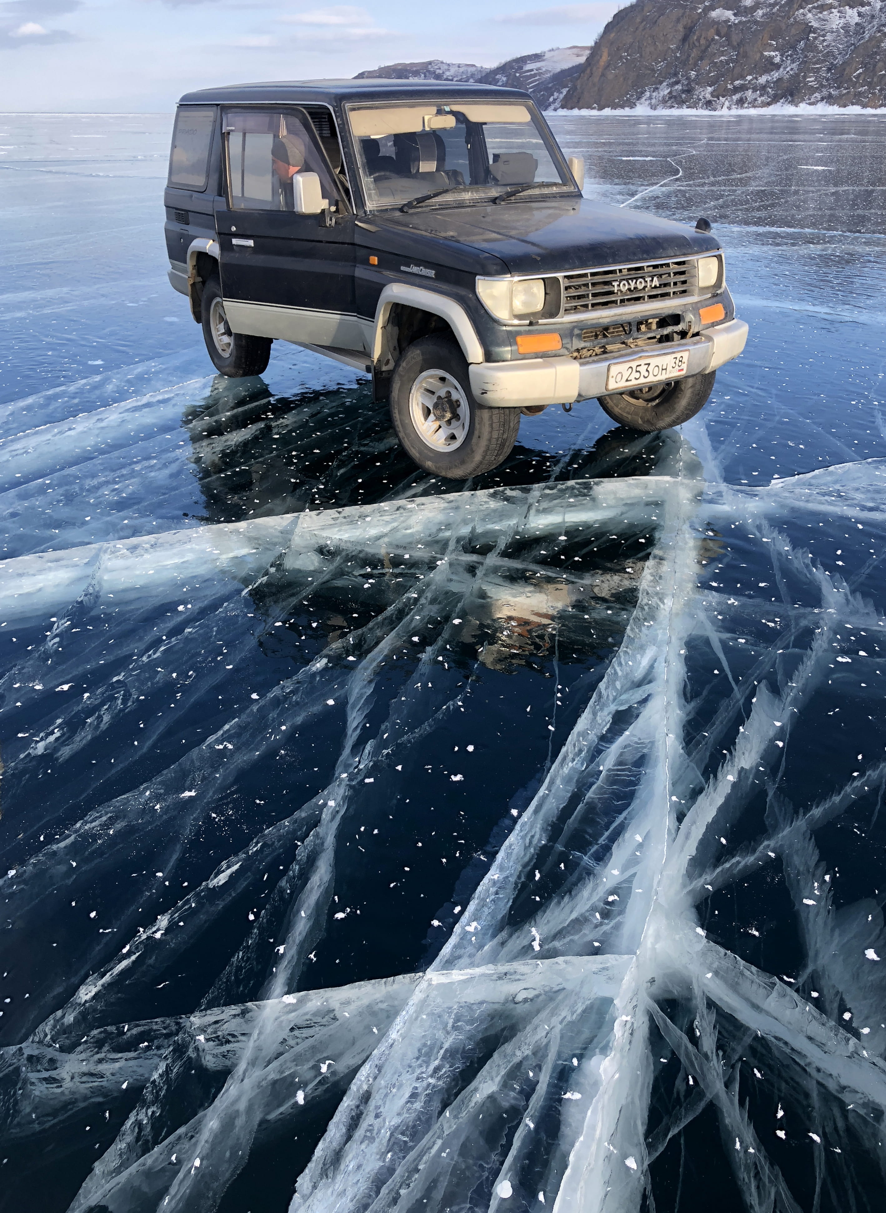 frozen, nature, mode of transportation, lake, mountain, irkutsk, extreme weather, landscape, transportation, motion, 4K, ice, land vehicle, no people, Phone HD Wallpaper