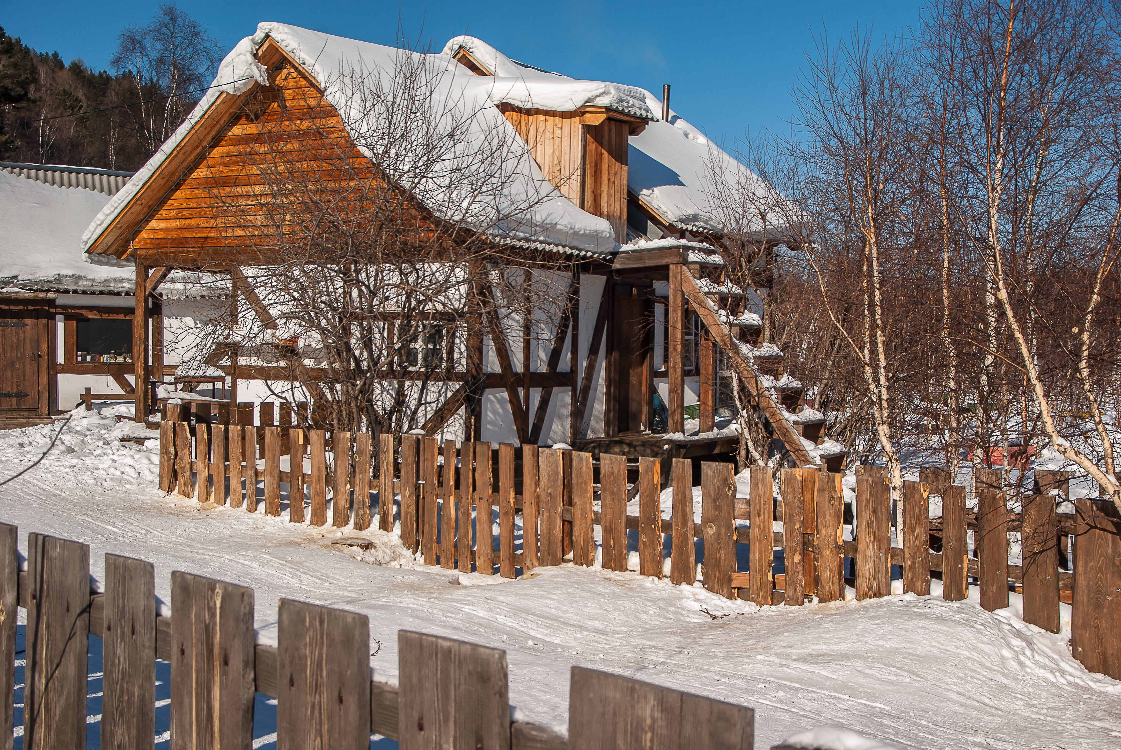 building, tree, fence, no people, wood - material, house, irkutsk, sky, built structure, architecture, bare tree, near, day, roof, winter, chalet, lake baikal, HD Wallpaper