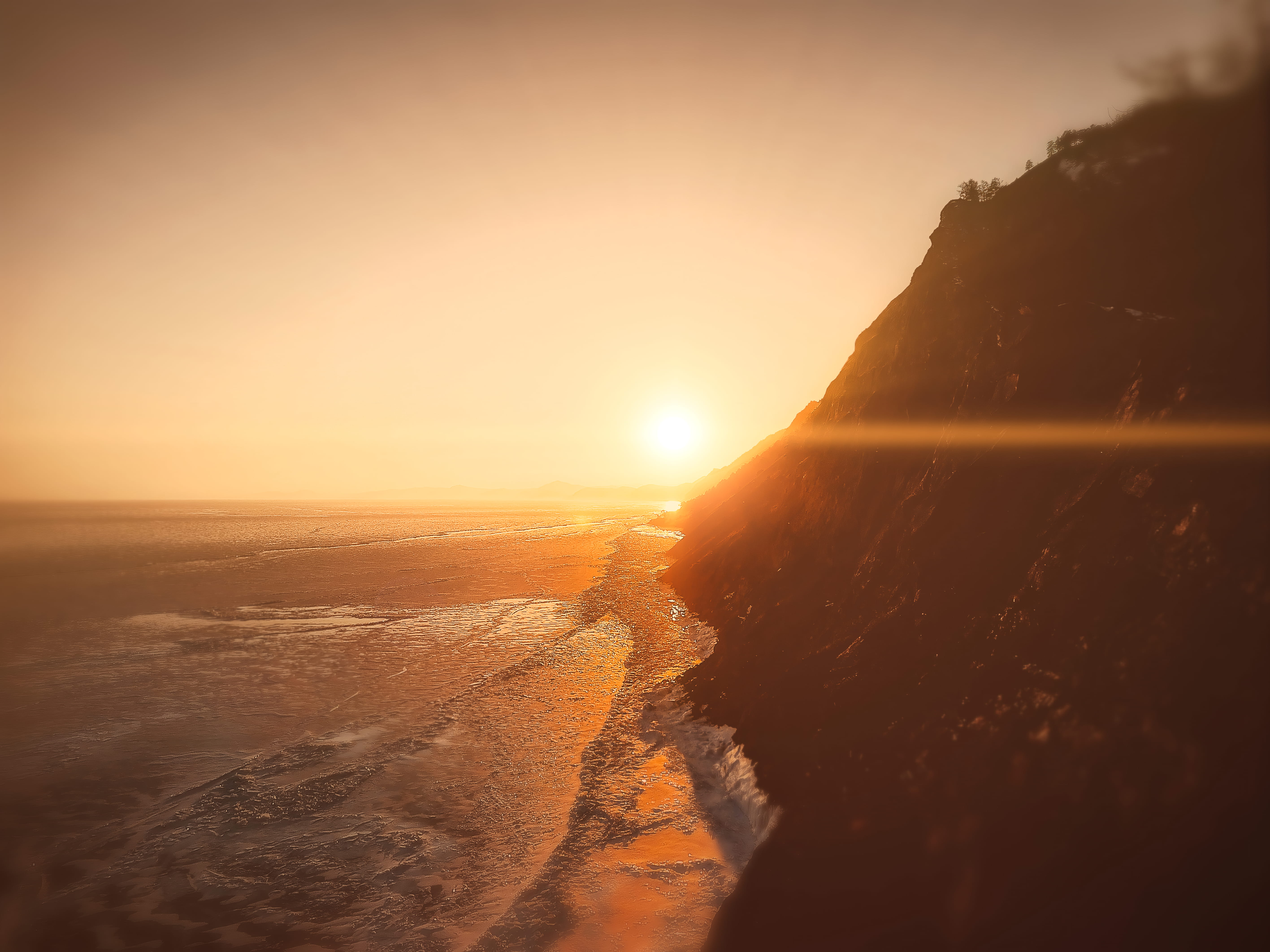 golden, red sky, scenics - nature, tranquil scene, water, sunlight, cliff, sea, irkutsk oblast, winter, rock, lens flare, nature, horizon over water, idyllic, HD Wallpaper