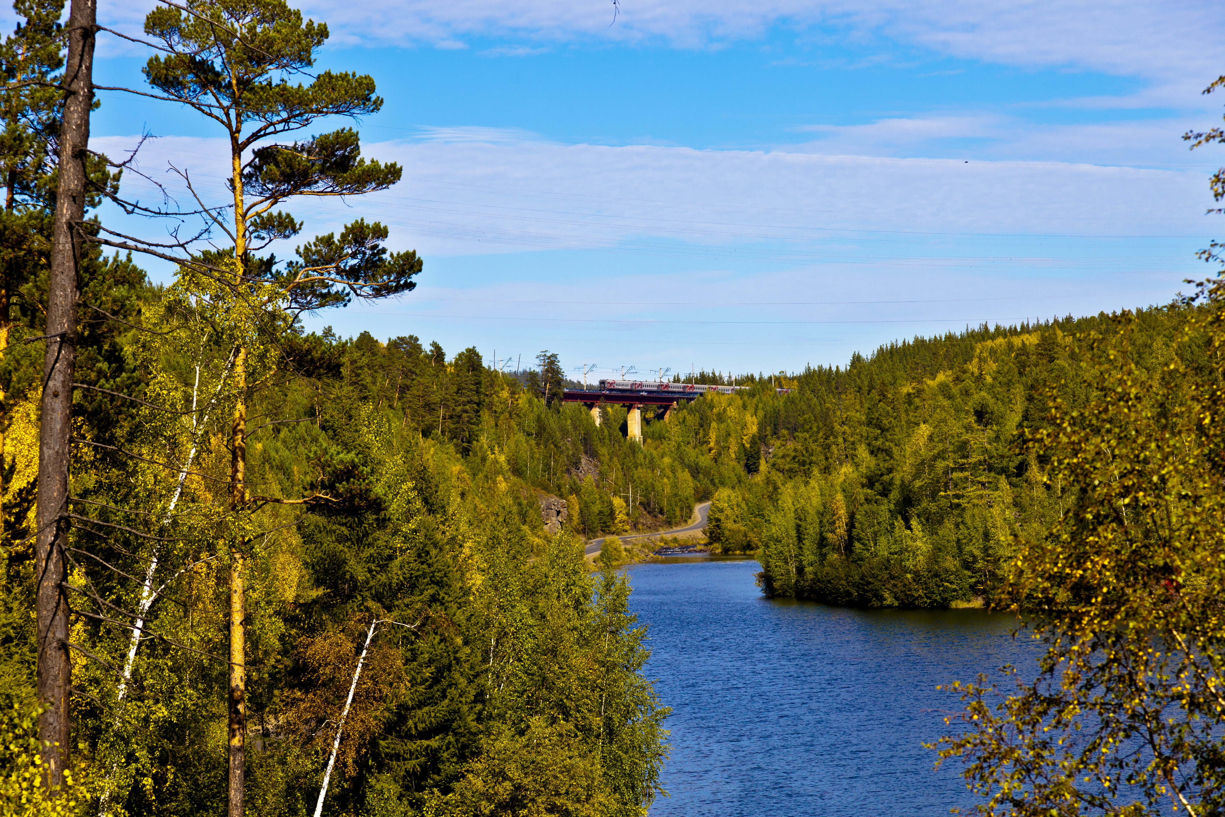 railroad, Irkutsk, train, bridge, Russia, 4K, road, river, forest, HD Wallpaper