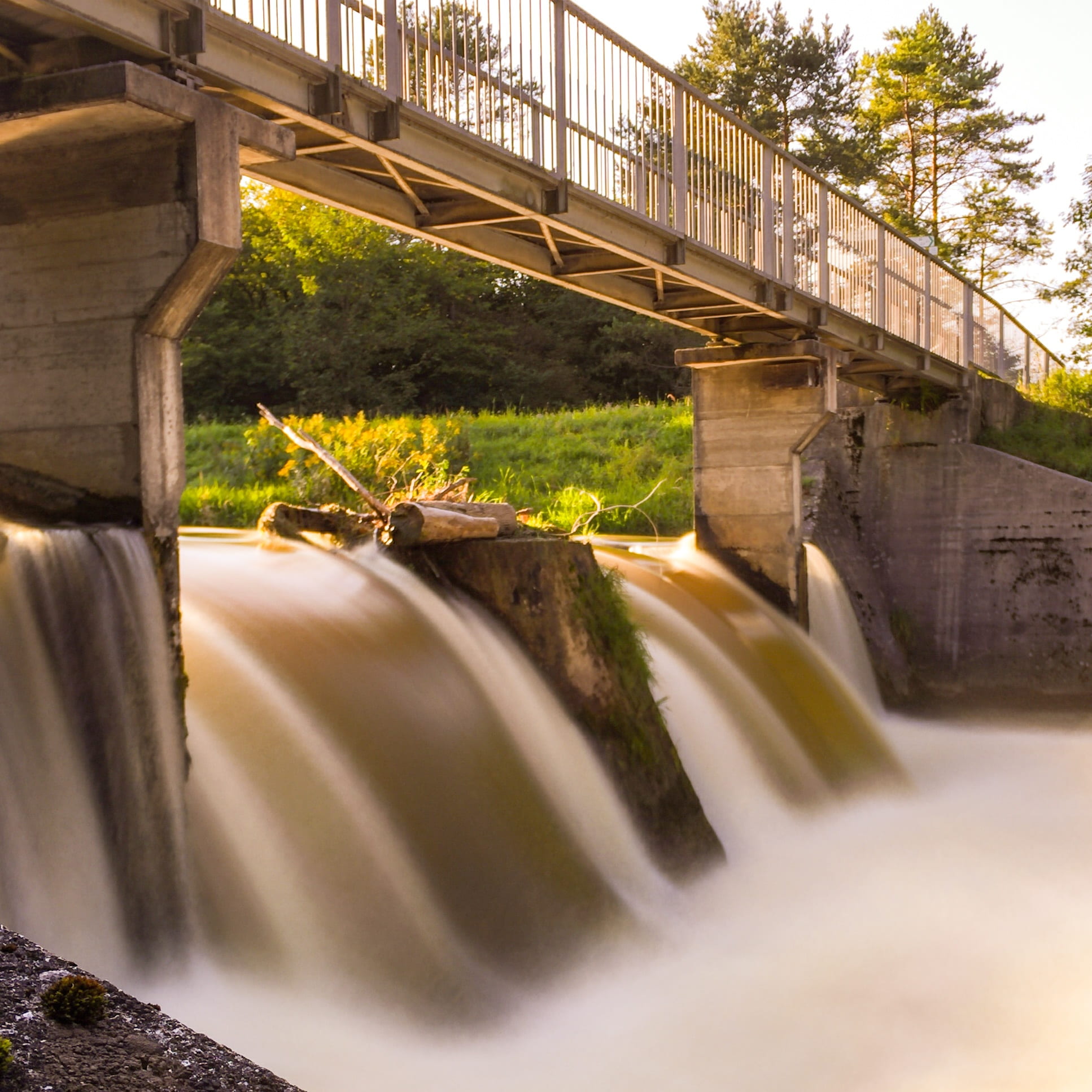 day, fuel and power generation, waterfall, hydroelectric power, small waterfall, nature, tree, motion, wolfratshausen, river falls, bridge, connection, Phone HD Wallpaper