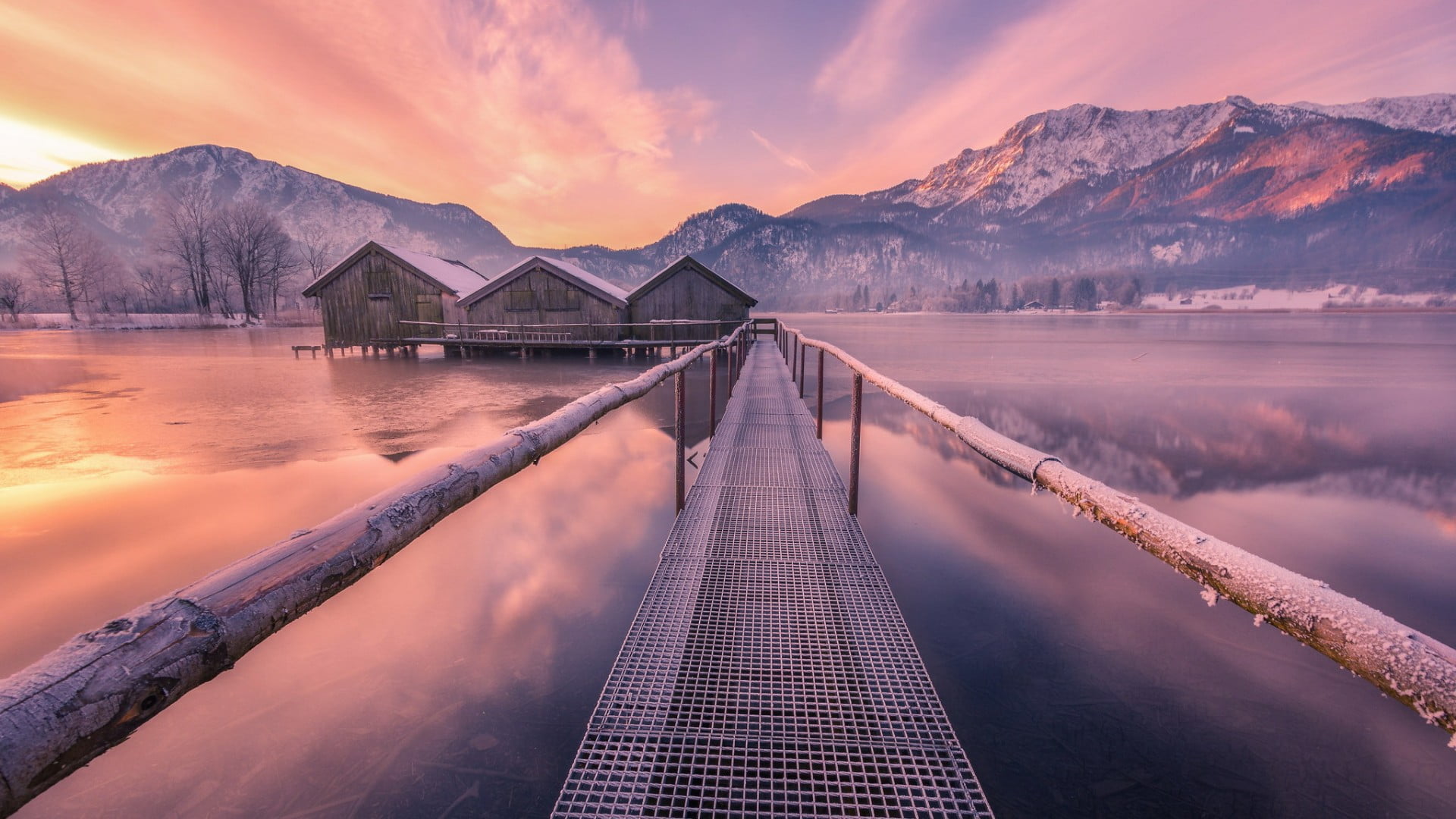cloud - sky, ice, germany, mountain, boathouses, sunset, mountain range, boathouse, reflection, water, mountain lake, no people, 1080P, architecture, dawn, HD Wallpaper