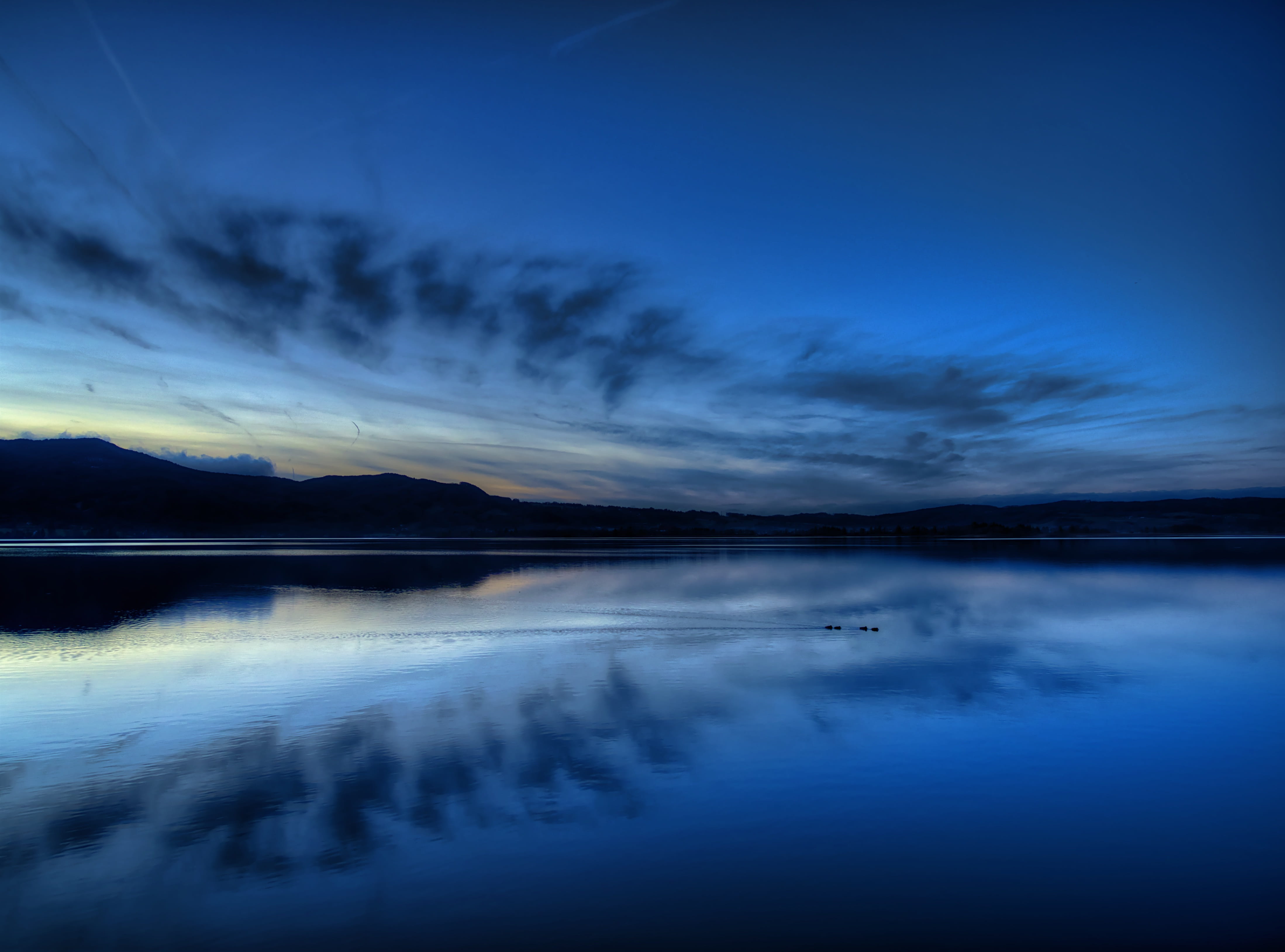 evening, blue, patience, reflection, dramatic sky, tranquility, landscape, 4K, water, going out, non-urban scene, tranquil scene, sunset, symmetry, calm, HD Wallpaper