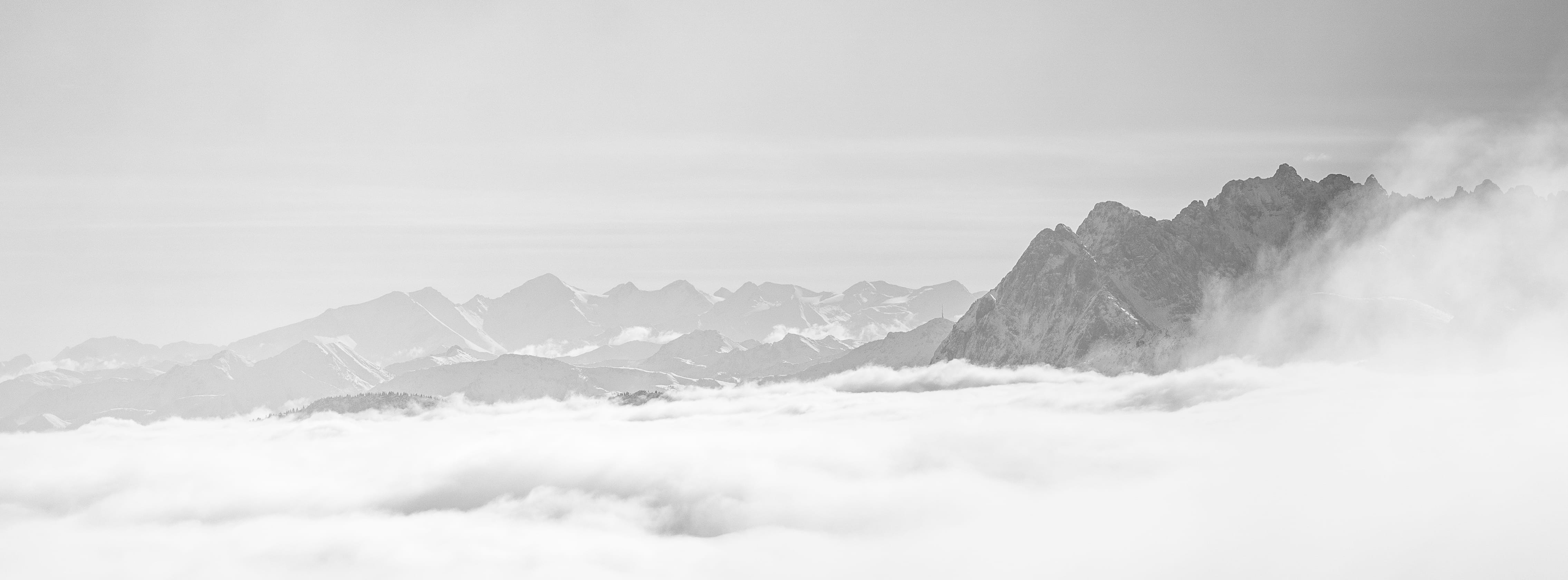 cloud - sky, sachrang, mountain range, no people, landscape, snow, environment, awe, alps, tranquility, 4K, travel, fog, alpen, germany, outdoors, snowcapped mountain, HD Wallpaper
