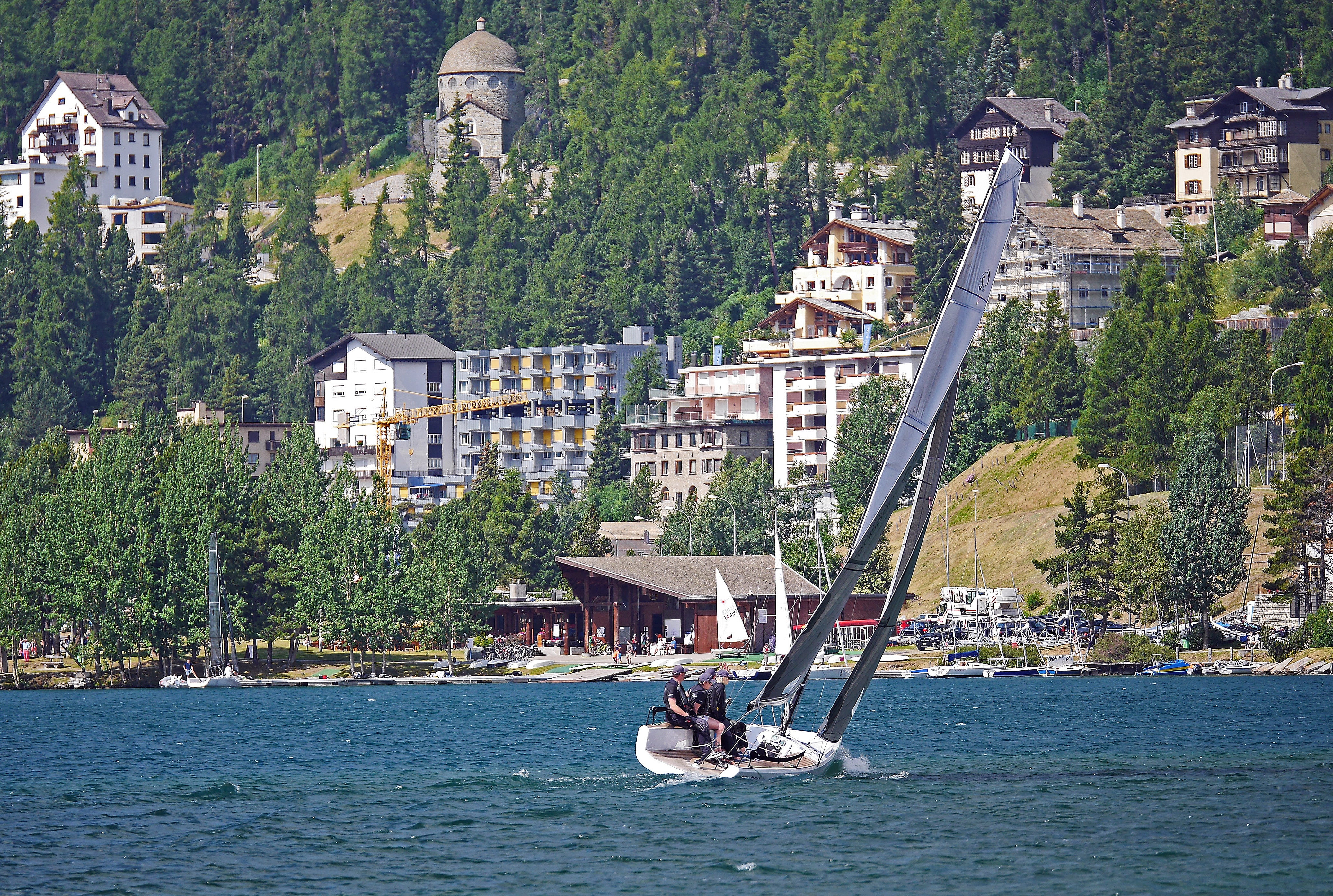 graubünden, regatta, wave, transportation, plant, mode of transportation, in front of st moritz, engadin, switzerland, city, tree, lake st moritz, architecture, HD Wallpaper