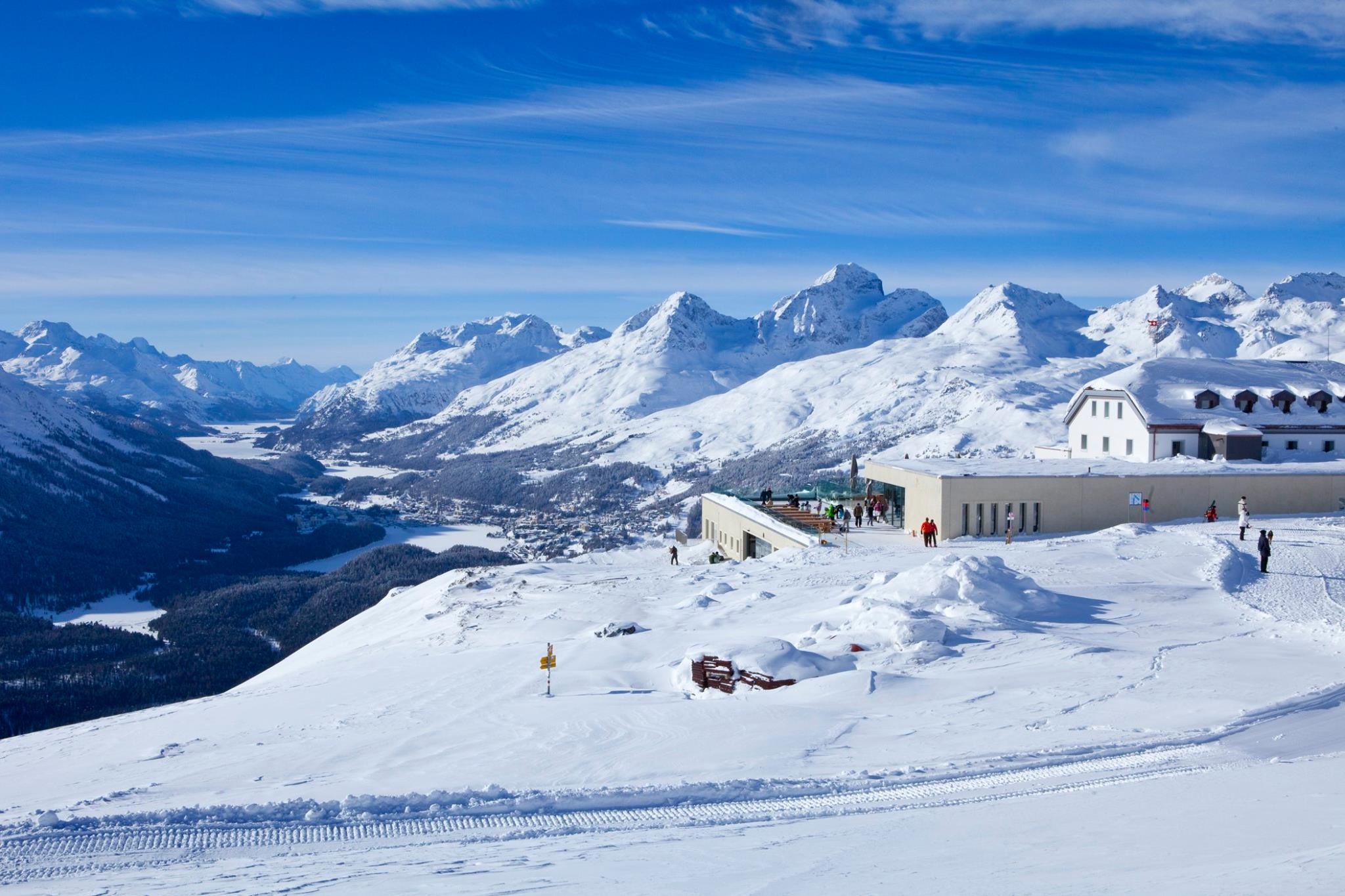 sport, 1080P, sky, lakes, blue, building exterior, switzerland, beauty in nature, white color, cold temperature, muottas muragl, mountains, snow, mountain range, HD Wallpaper