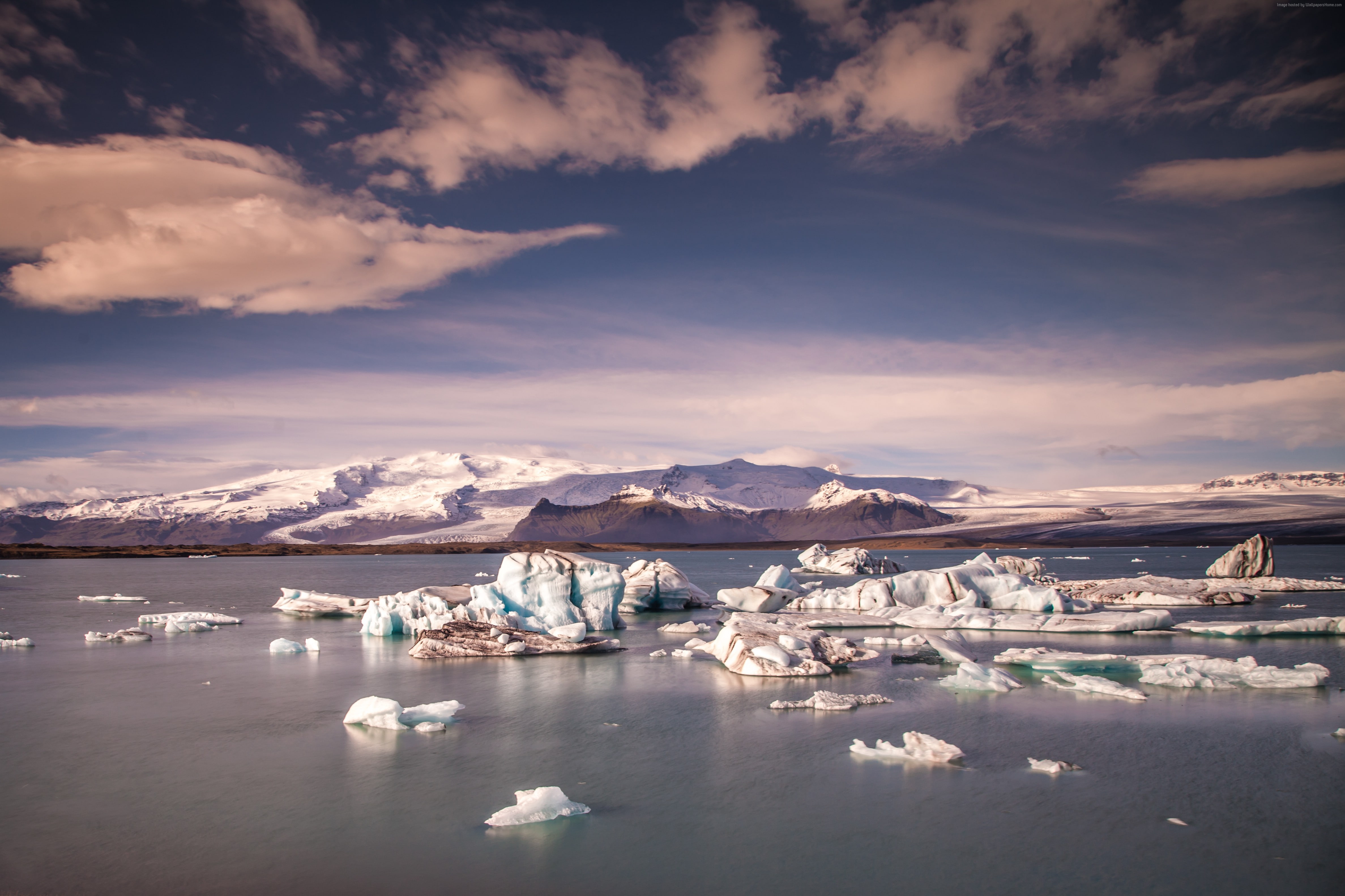 ice, Iceland, Jökulsárlón Lagoon, 4k, sky, 8k, 5k, 4K, mountains, HD Wallpaper