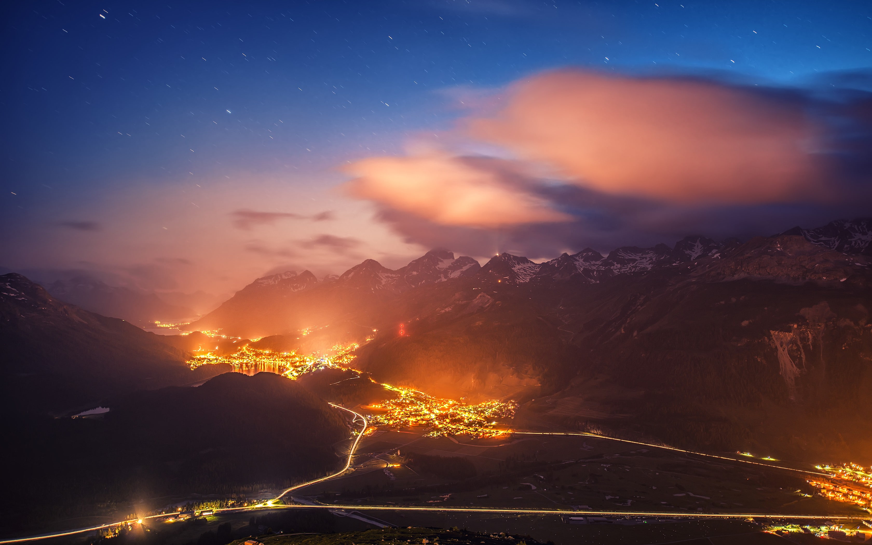 mountains, 2K, road, evening, lights, nature, valley, landscape, cityscape, Switzerland, starry night, St. Moritz, mist, HD Wallpaper