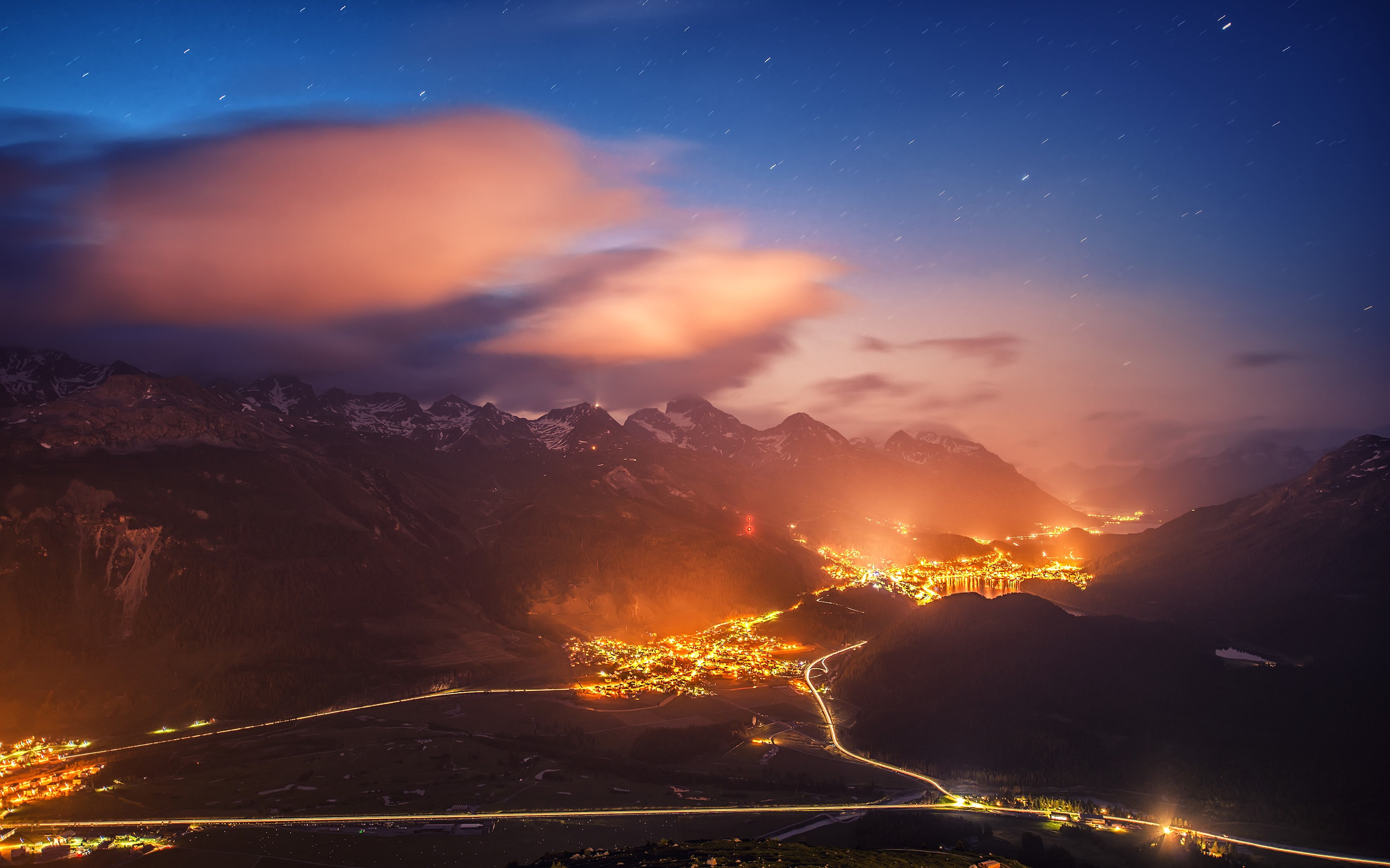 tranquil scene, Valley, tranquility, environment, 2K, outdoors, astronomy, mist, road, star - space, Starry Night, Cityscape, non-urban scene, land, mountain, HD Wallpaper