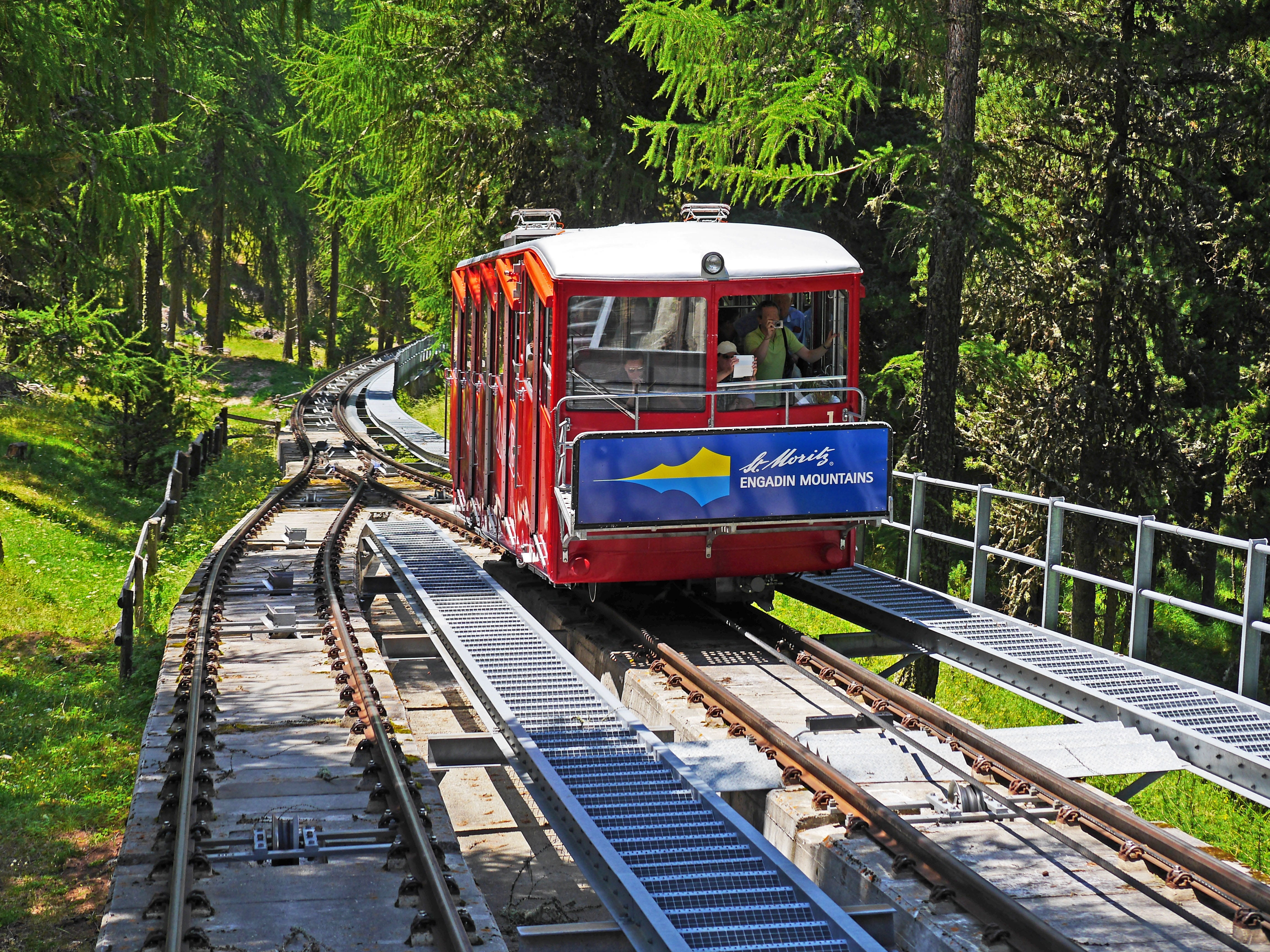 day, pontresina, muragl, rhätikon, summer, race track, dodging, railroad track, descent, view mountain, mode of transportation, funicular railway, southeast switzerland, HD Wallpaper