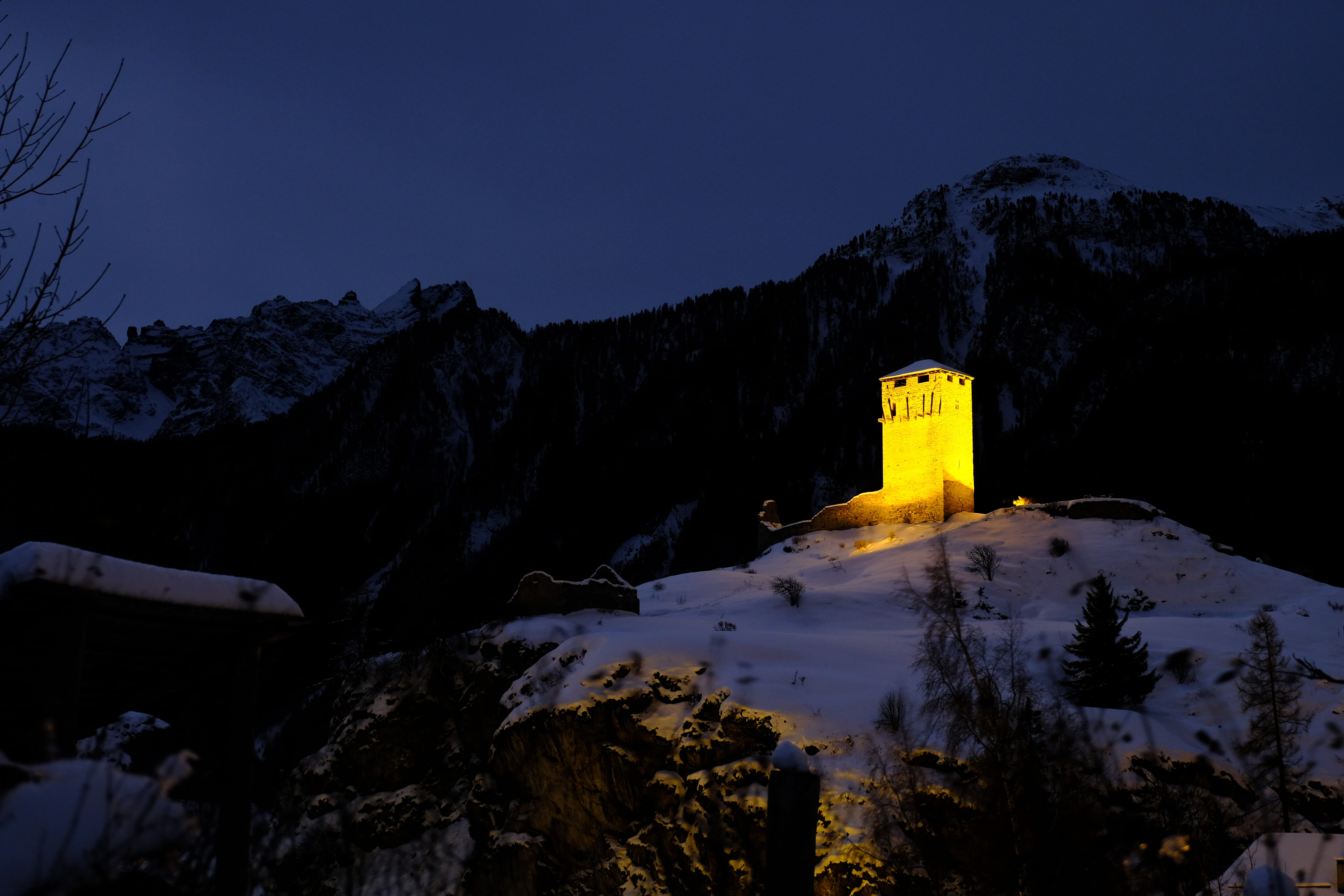tranquility, snowcapped mountain, no people, nature, rock, knight, castle, ardez, 5K, st moritz, winter, engadin, cold temperature, built structure, night, HD Wallpaper