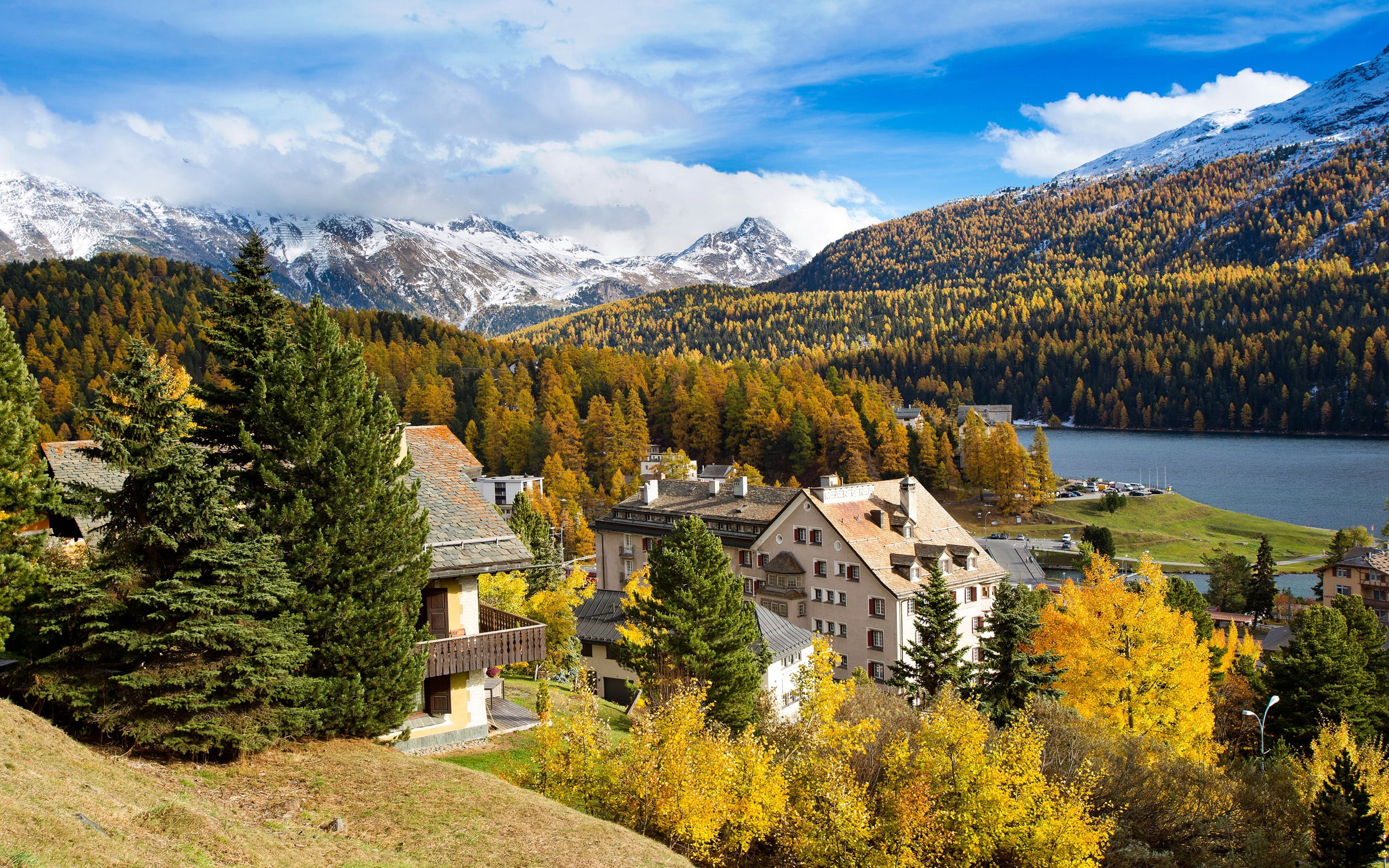 cities, houses, 2K, nature, trees, scenery, st, moritz, mountains, switzerland, HD Wallpaper
