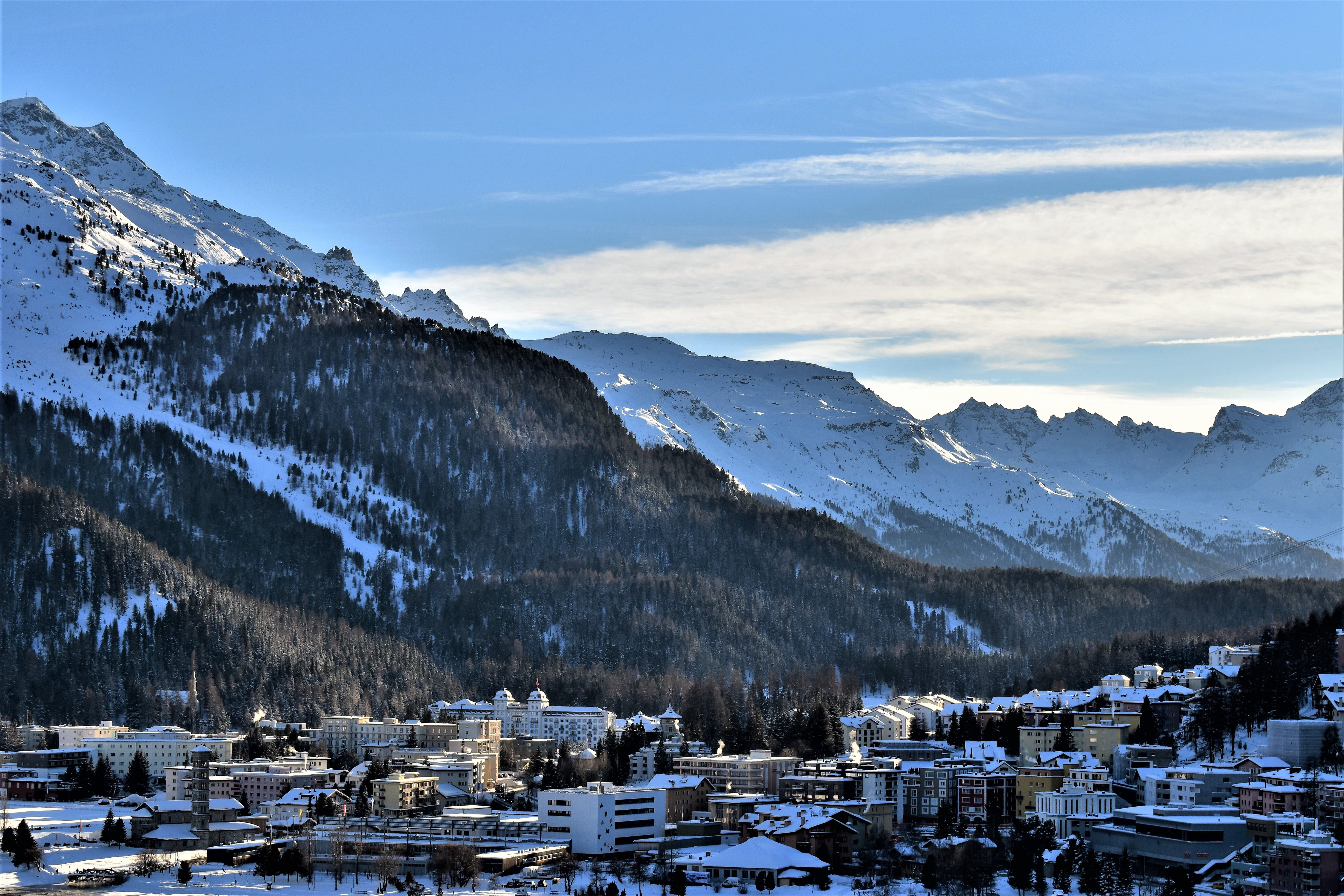 slopes, outdoors, landscape, building exterior, blue sky, mountain, alpine panorama, tree, mountain peak, mountains, winter, 5K, snowcapped mountain, building, HD Wallpaper