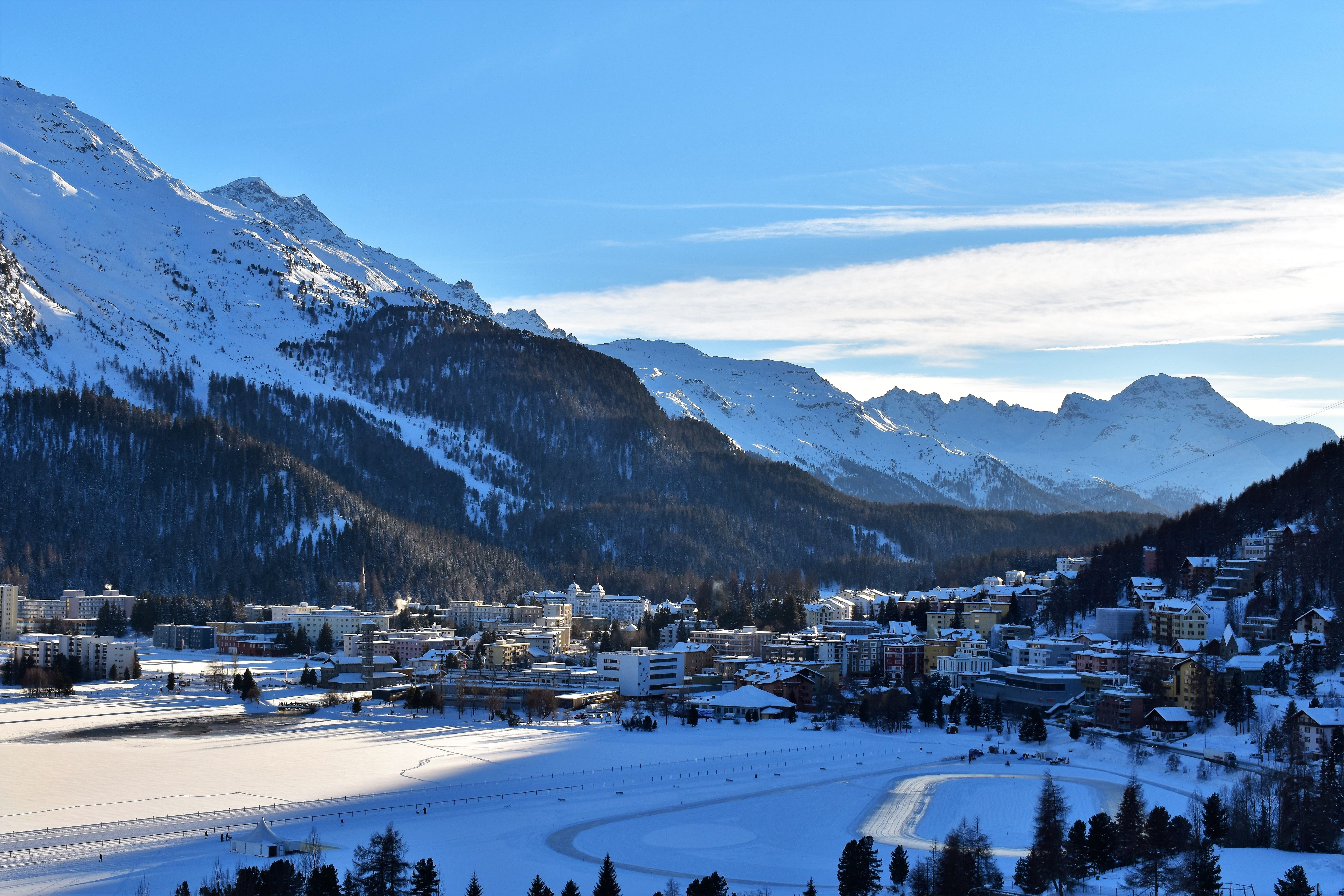 architecture, mountain range, snowcapped mountain, slopes, skiing, tranquil scene, snow, mountains, summit, sun, outdoors, mountain landscape, moritz, blue sky, HD Wallpaper