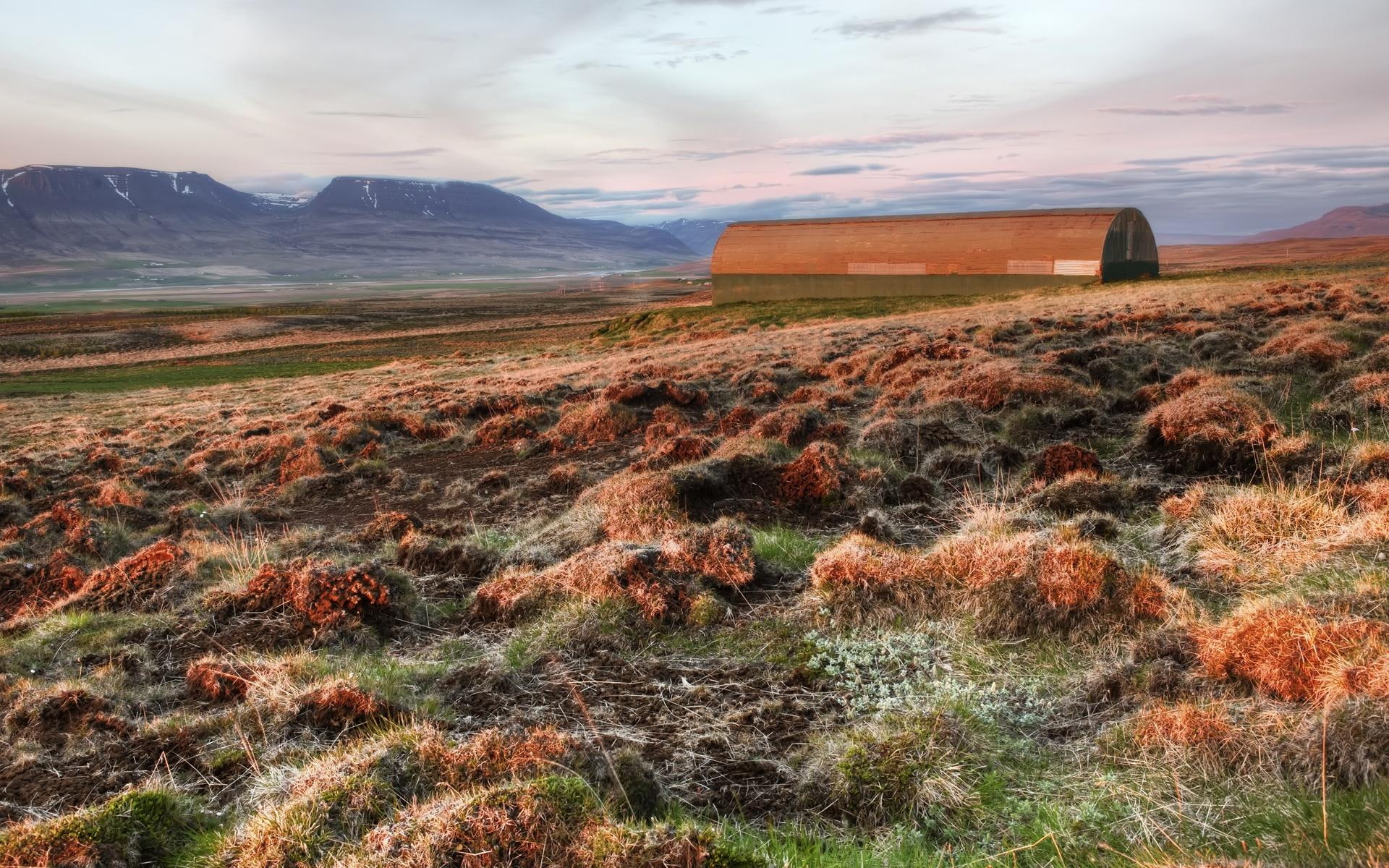 nature and landscapes, 1080P, mountains, tundra, frost, barn, grass, HD Wallpaper