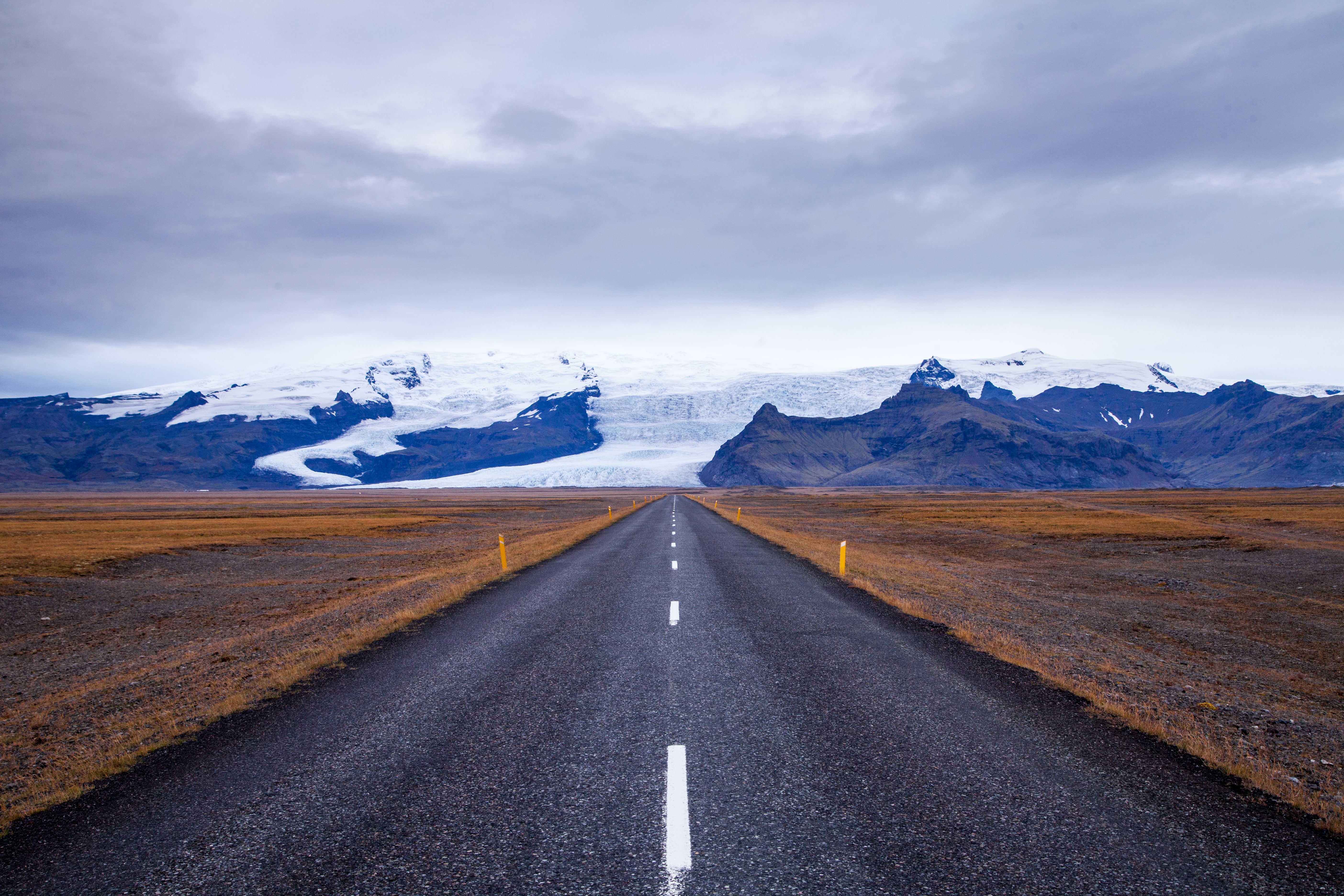 gray, islándia, ice, road, travel, photo, highway, 5K, concrete road, glacial, mountain, landscape, nature, scenics, iceland, concrete, clouds, lot, HD Wallpaper