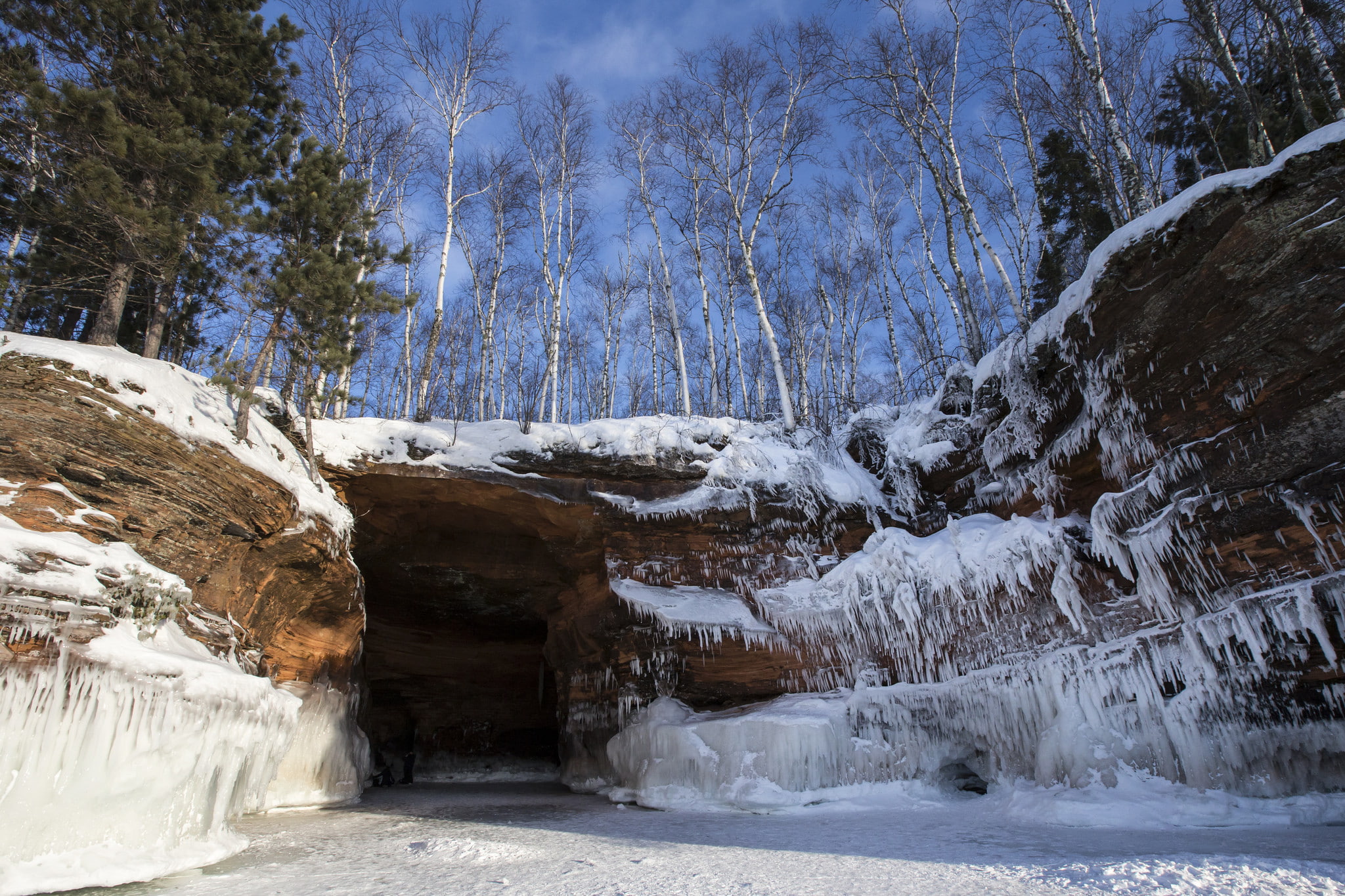 winter, ice, trees, the sky, cave, the grotto, 1080P, snow, rocks, HD Wallpaper