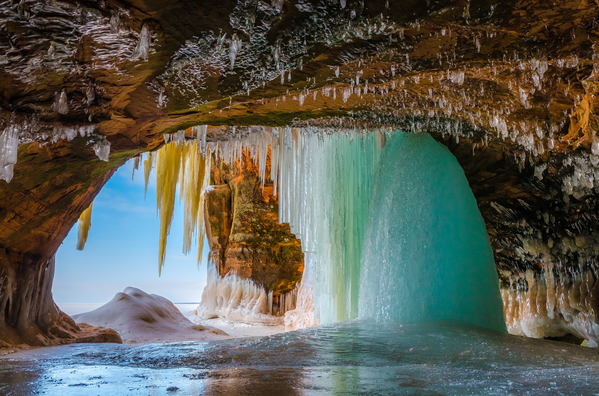 the grotto, rocks, 1080P, the sky, icicle, ice, HD Wallpaper