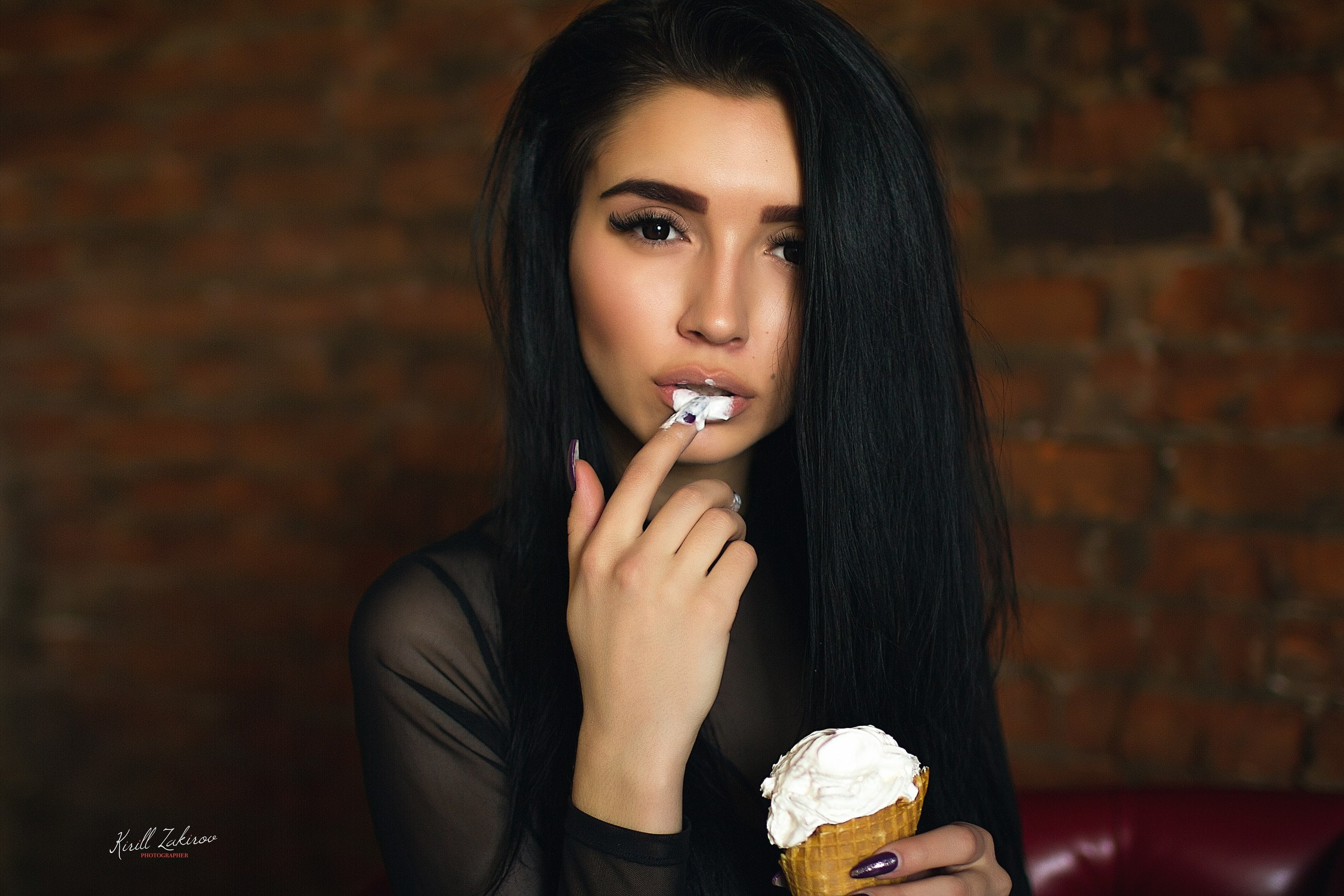 young adult, temptation, brick wall, one person, long hair, women, lifestyles, ice cream, headshot, front view, portrait, 2K, beautiful woman, wall, young women, HD Wallpaper
