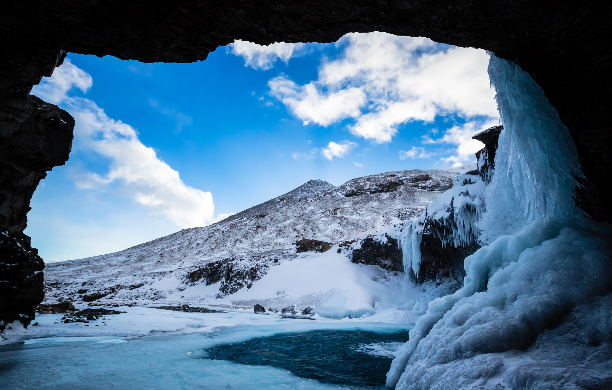mountains, the grotto, snow, lake, winter, cave, ice, 1080P, HD Wallpaper