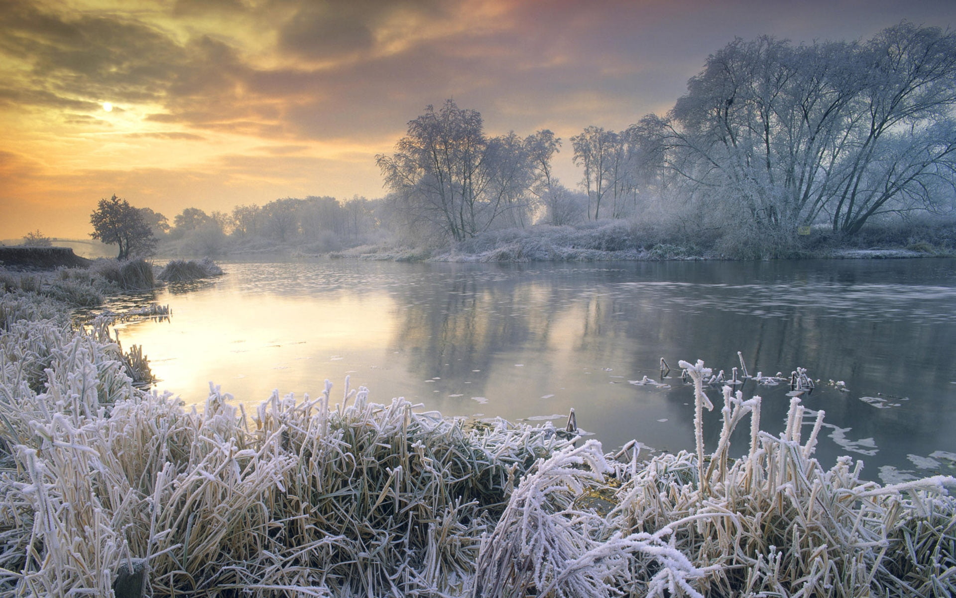 grass, cold - Temperature, water, landscape, sky, non-Urban Scene, sunset, rural Scene, cloud - Sky, scenics, snow, pond, nature, lake, winter, no People, HD Wallpaper