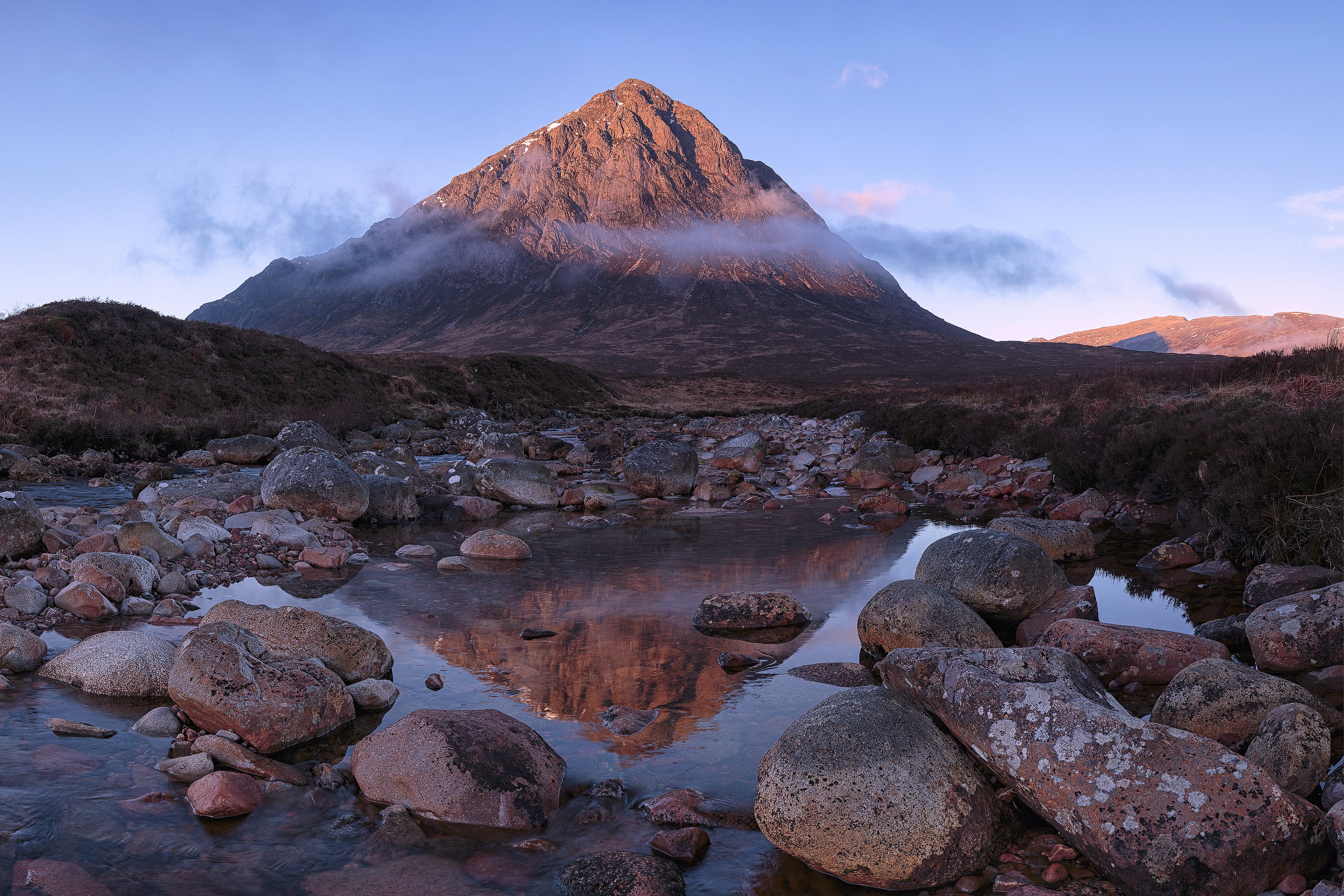 photo, Landscape, USM, River, brown, volcano, 4K, Canon 6D, Buachaille Etive Mor, West Highlands, f4, daytime, 35mm, Stob Dearg, reflections, Scotland, HD Wallpaper