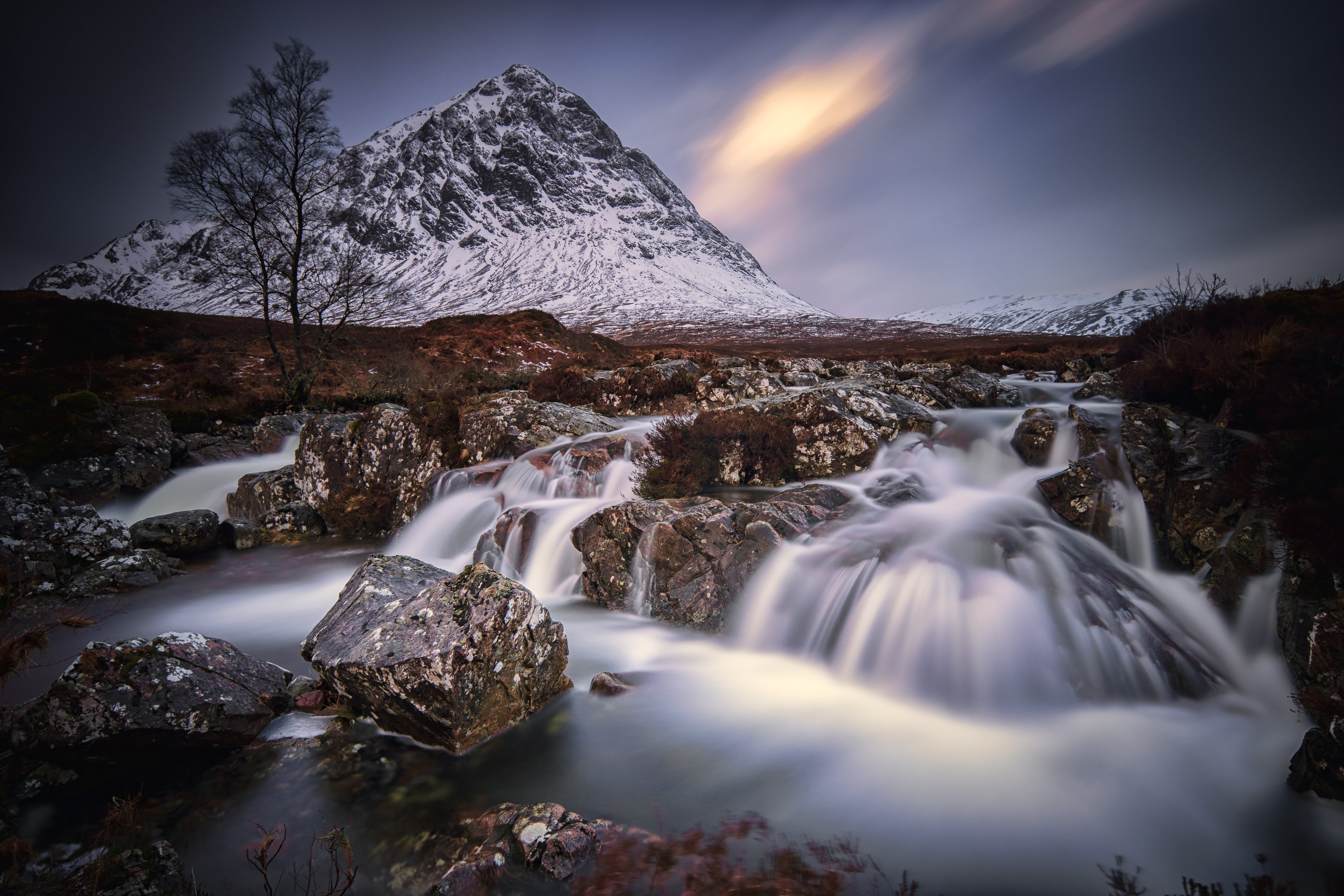 Shot, nature, scotland, flowing, water, long  exposure, waterfall, scenics, covered, snow, beauty In Nature, clouds, highlands, river, Buachaille Etive Mor, HD Wallpaper