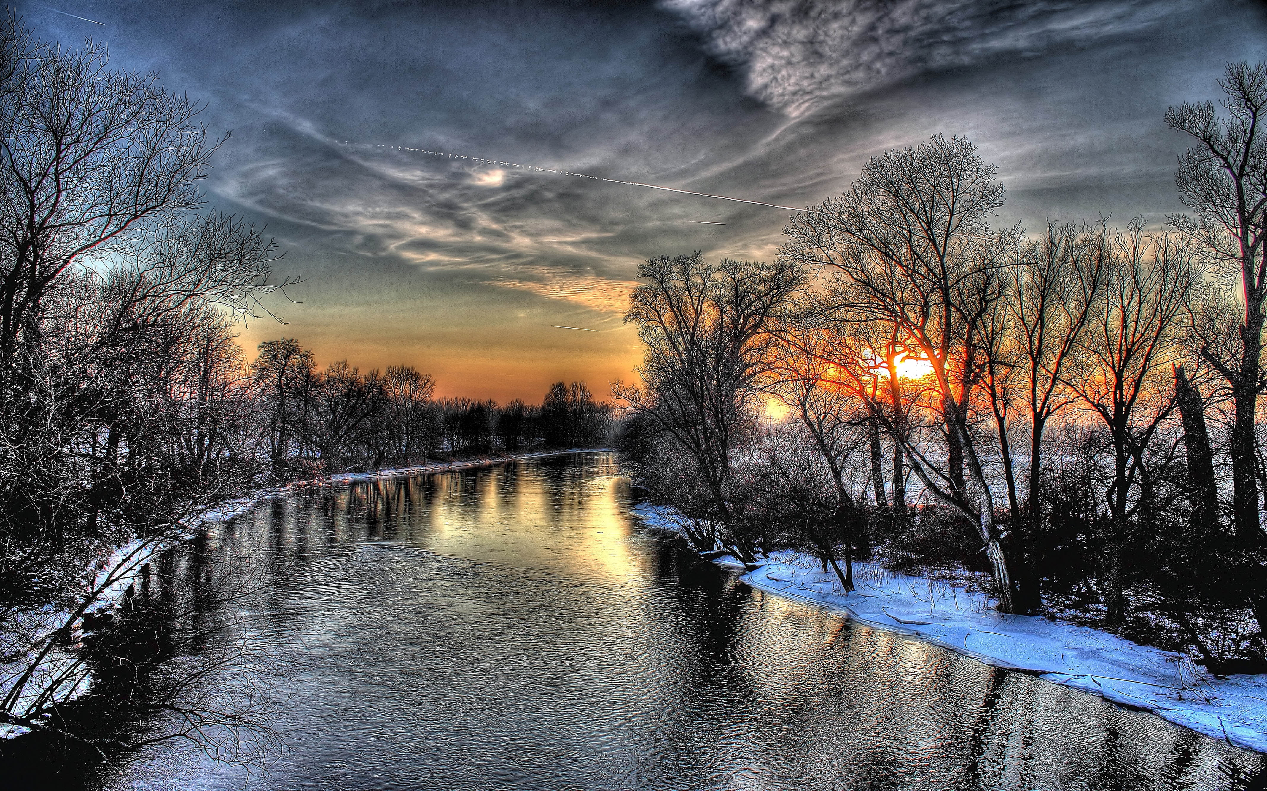 willow, desktop, sunset, hd, sky, canal, nature, outdoors, winter, non-urban scene, plant, no people, clouds, banks, tranquil scene, scenics - nature, tranquility, HD Wallpaper