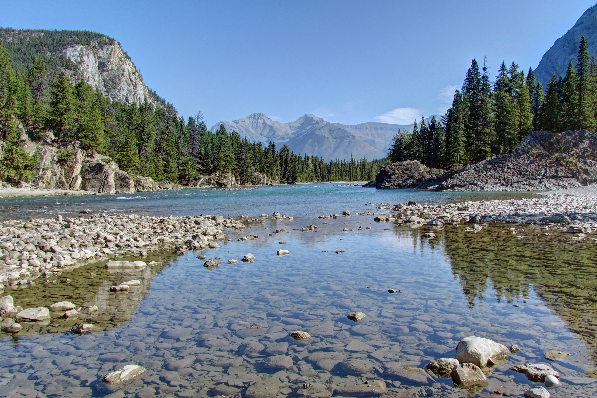 coniferous tree, mountain range, Bow Valley, non-urban scene, beauty in nature, lake, Banff, reflection, mountains, outdoors, Banff National Park, 1080P, HD Wallpaper