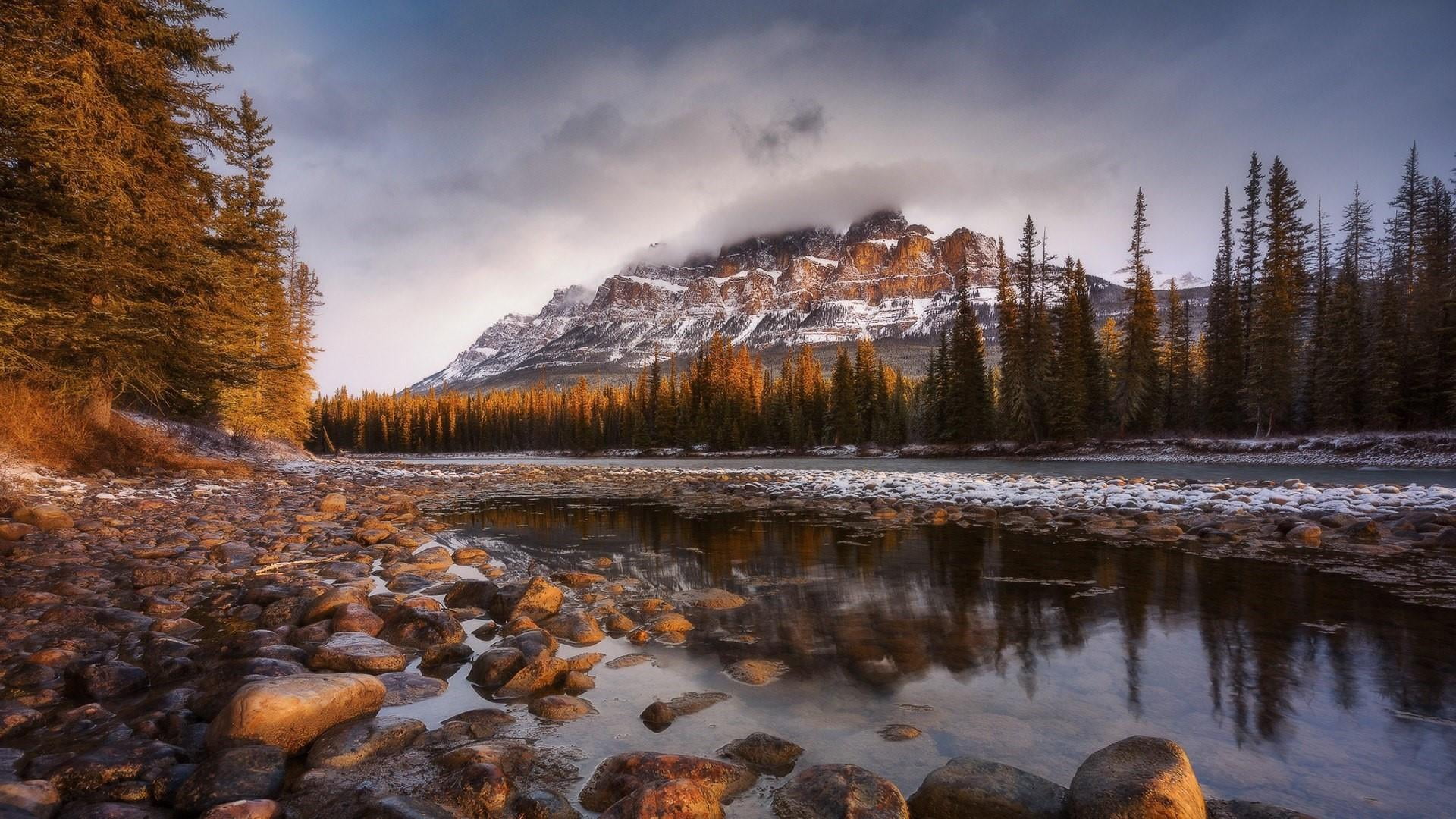 canadian rockies, bow river, tranquil scene, rock, winter, reflection, sky, beauty in nature, forest, formation, banff national park, nature, mountain, HD Wallpaper