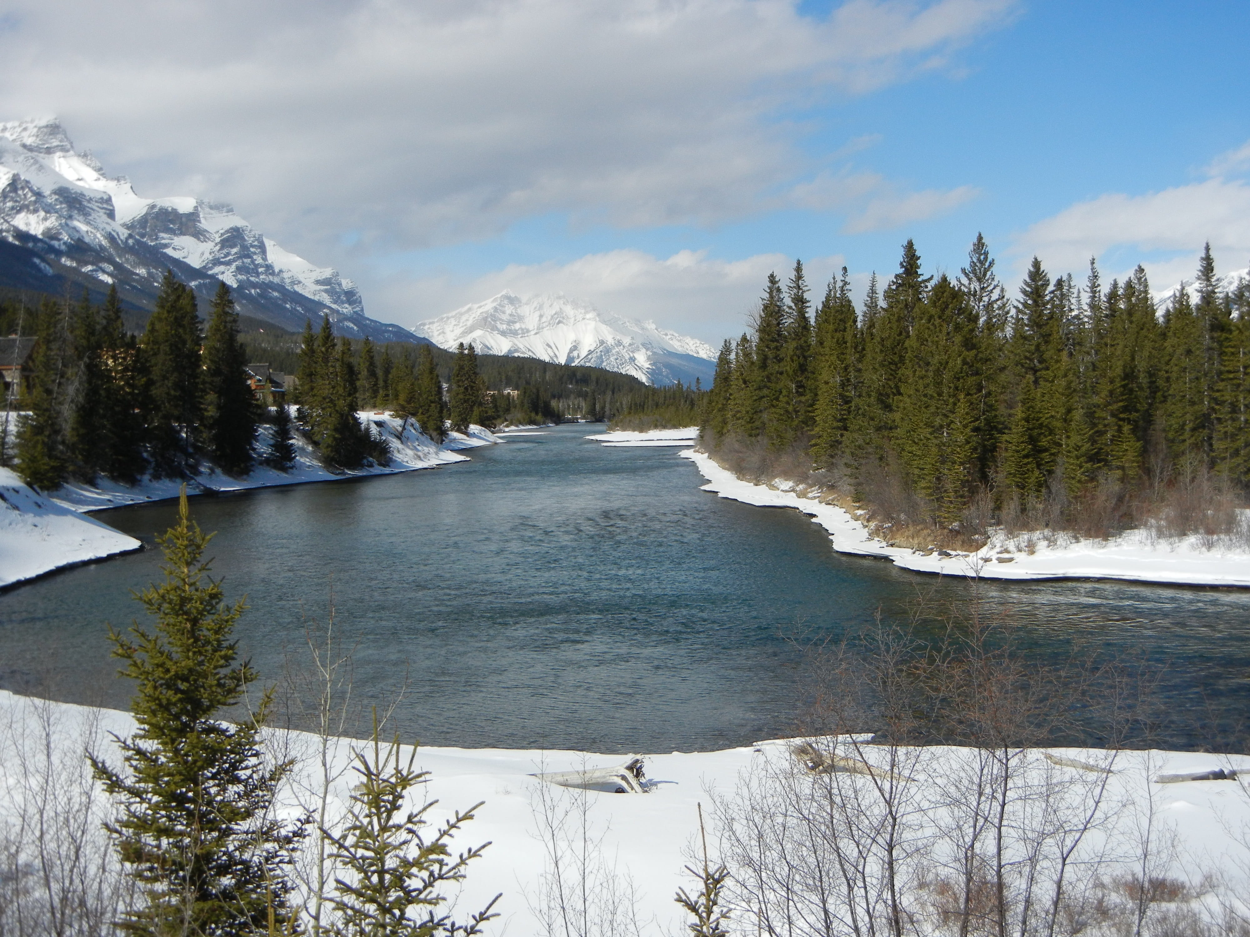 cloud - sky, tranquil scene, winter, sky, water, mountain, lake, growth, canada, no people, river, range, snow, nature, canmore, tranquility, snowcapped mountain, HD Wallpaper