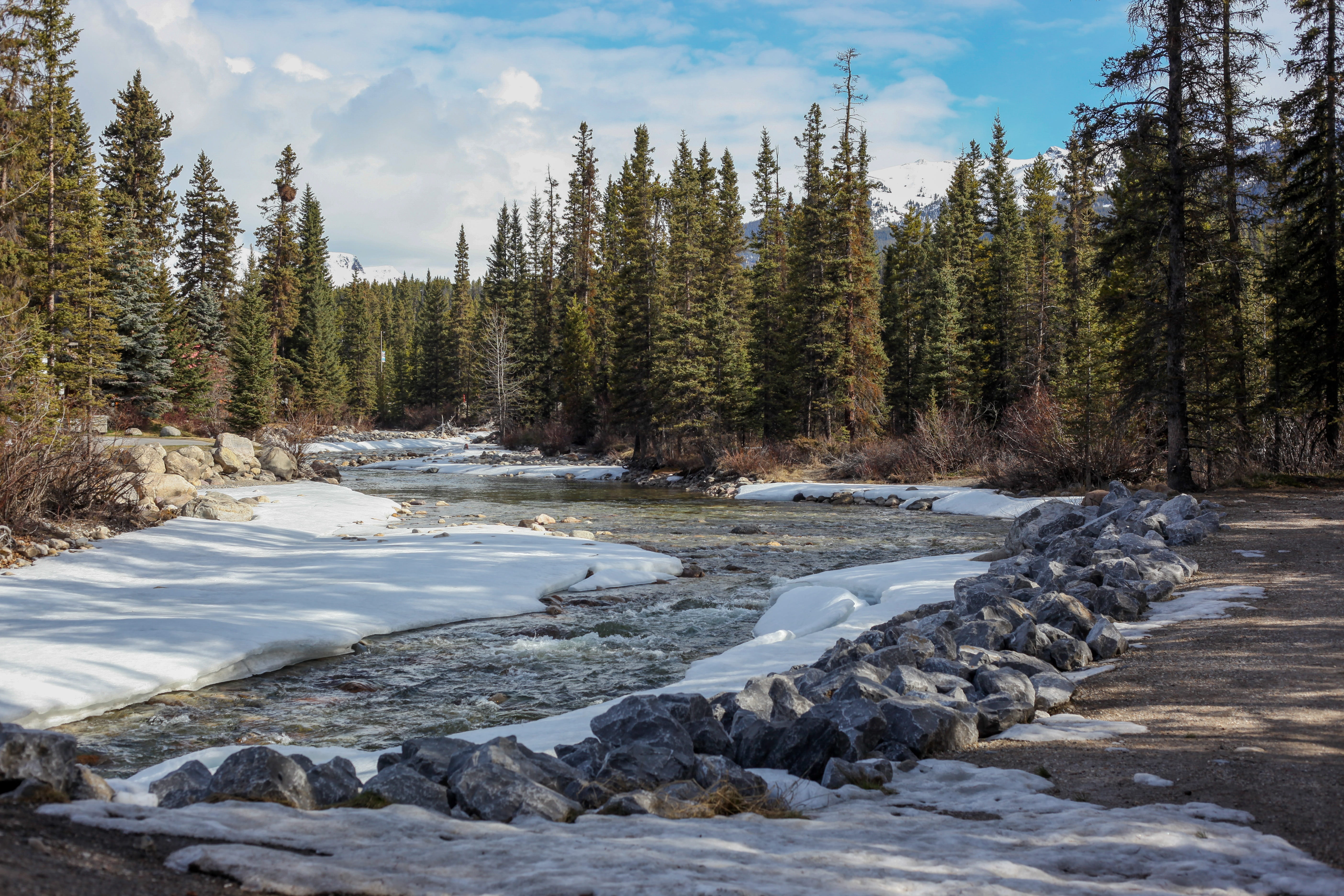 wild, travel, cloud - sky, flowing water, scenics - nature, river, green, winter, rock - object, flowing, creek, lake louise, spring, bow trail, beauty in nature, HD Wallpaper